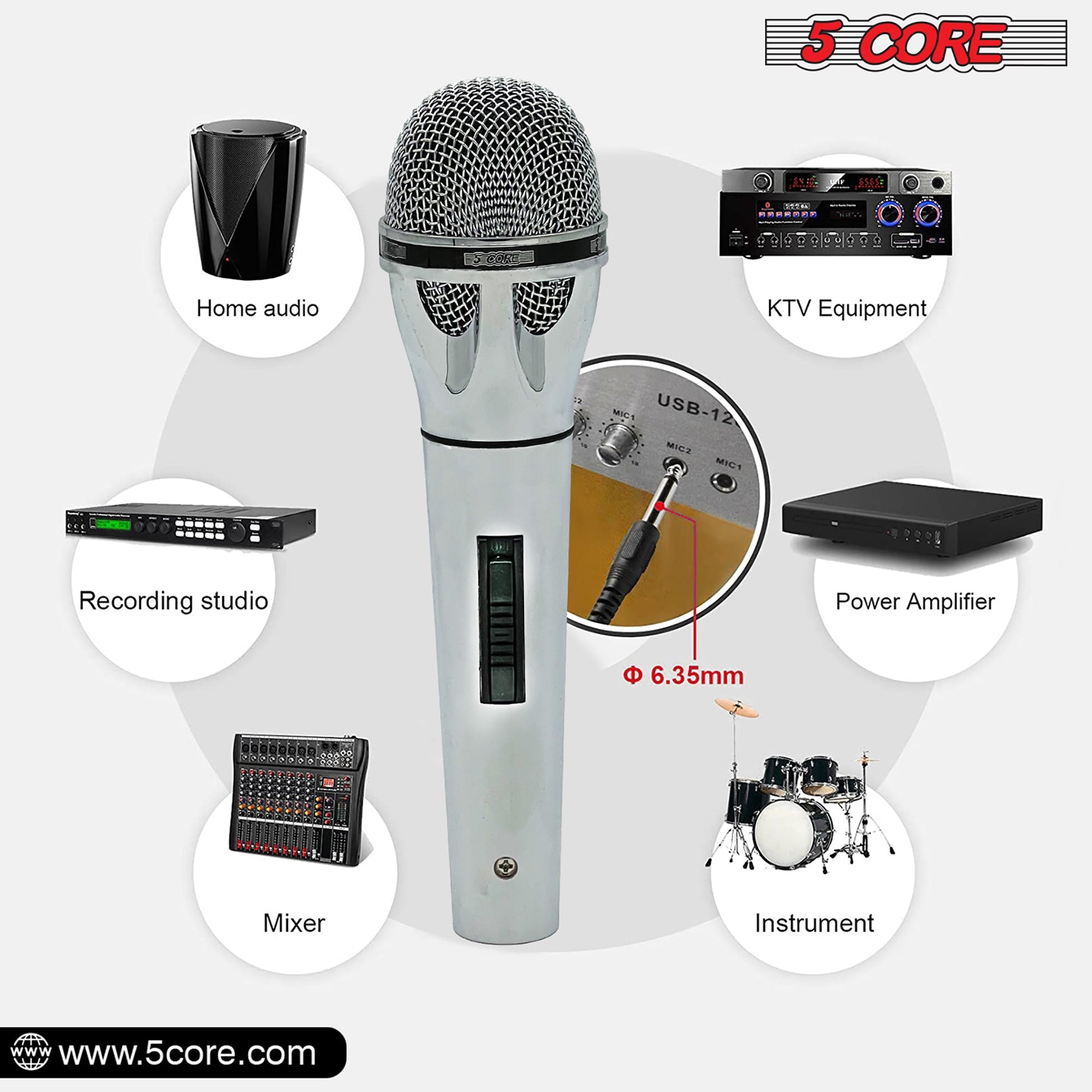 5 Core Microphone 3 Pieces Professional Chrome Finish Dynamic Karaoke XLR Wired Mic w ON/OFF Switch Integrated Pop Filter Cardioid Unidirectional Pickup Handheld Micrófono for Singing DJ Podcast Speeches Includes Cable Mic Holder - PM 817 CH 3PC-9