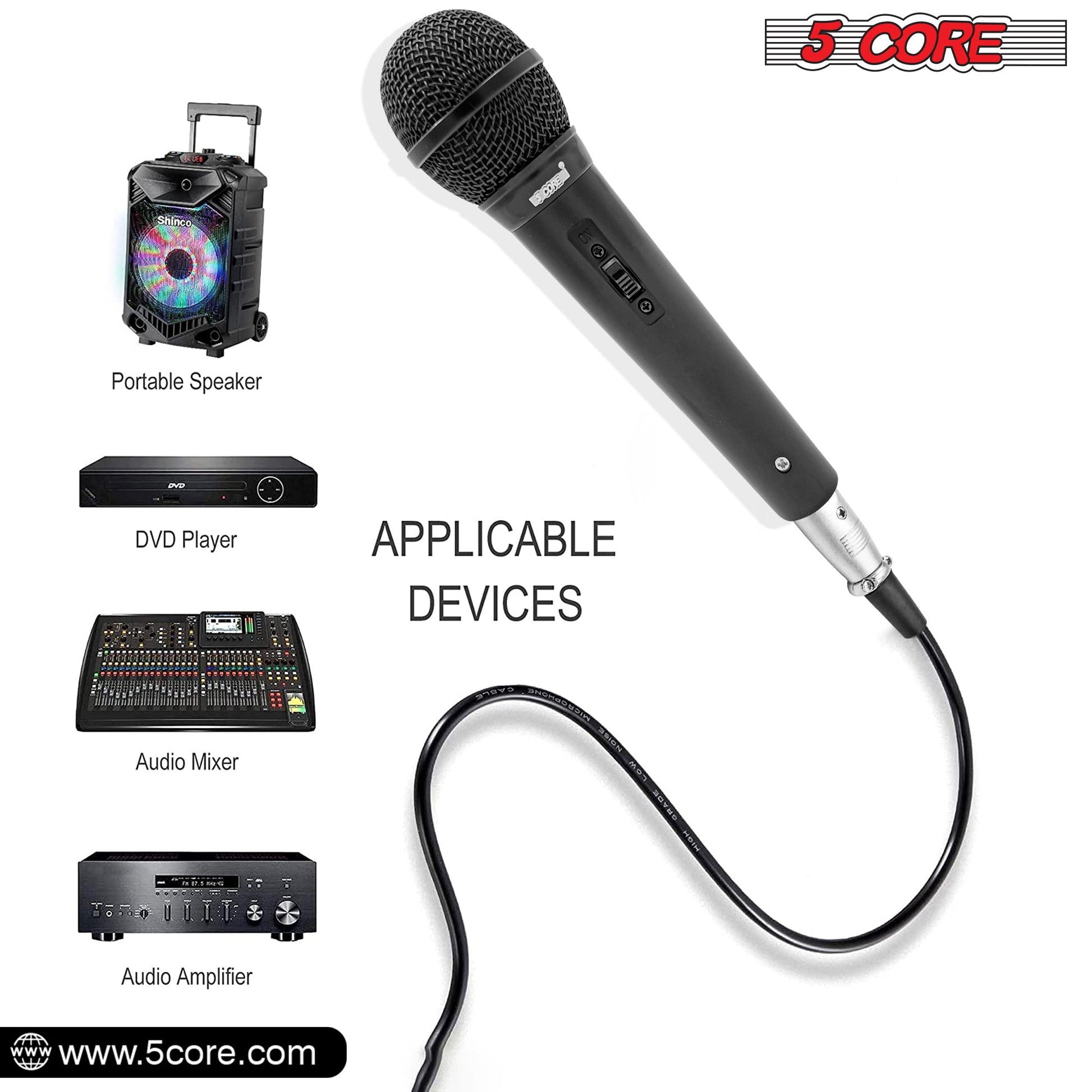 5 CORE 3 Pieces Premium Vocal Dynamic Cardioid Handheld Microphone Unidirectional Mic with Detachable XLR Cable to inch Audio Jack and On/Off Switch for Karaoke Singing - PM 101 BLK 3PCS-6