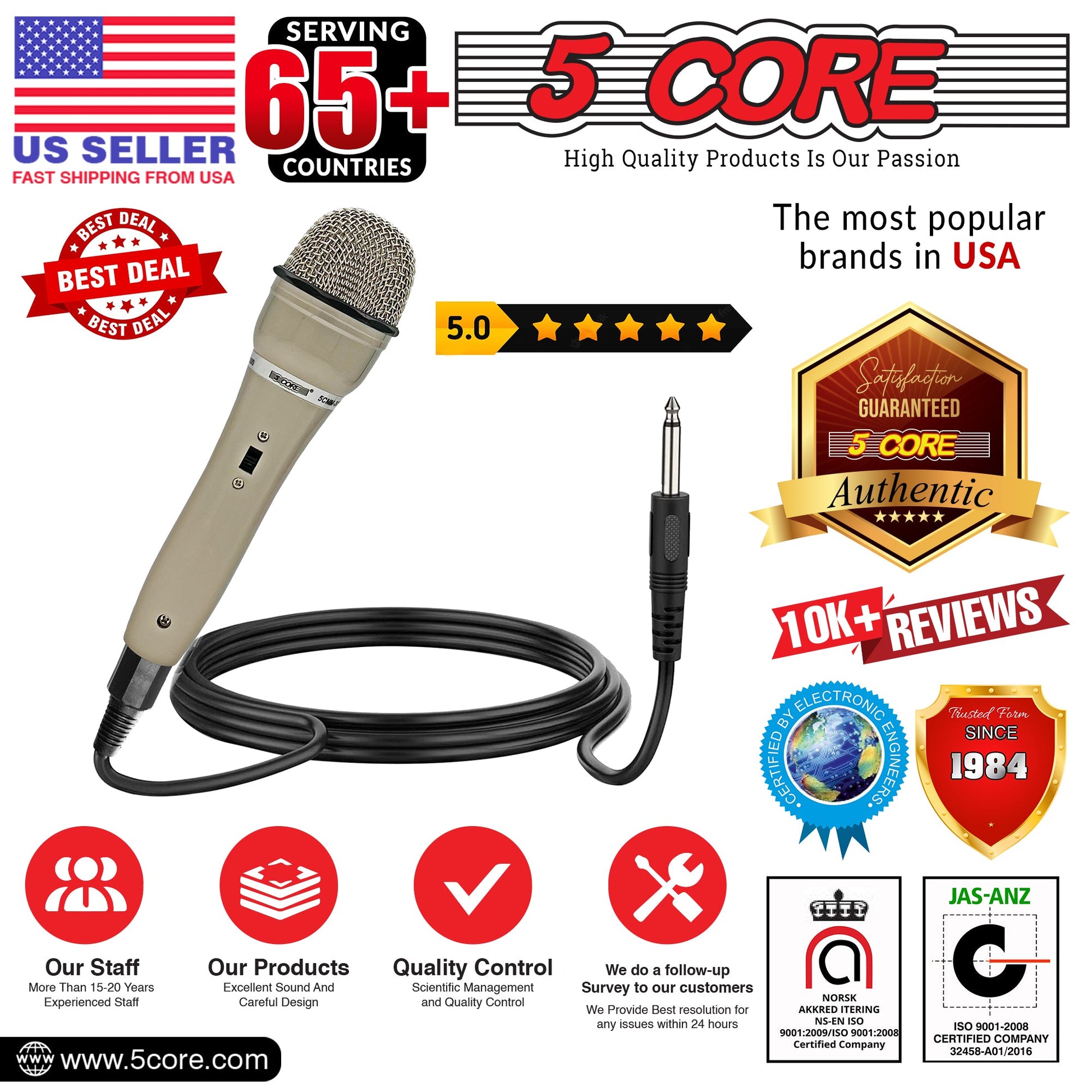5 CORE Premium Vocal Dynamic Cardioid Handheld Microphone Neodymium Magnet Unidirectional Mic, 16ft Detachable XLR Deluxe Cable to ¼ Audio Jack, On/Off Switch for Karaoke Singing PM 301-9