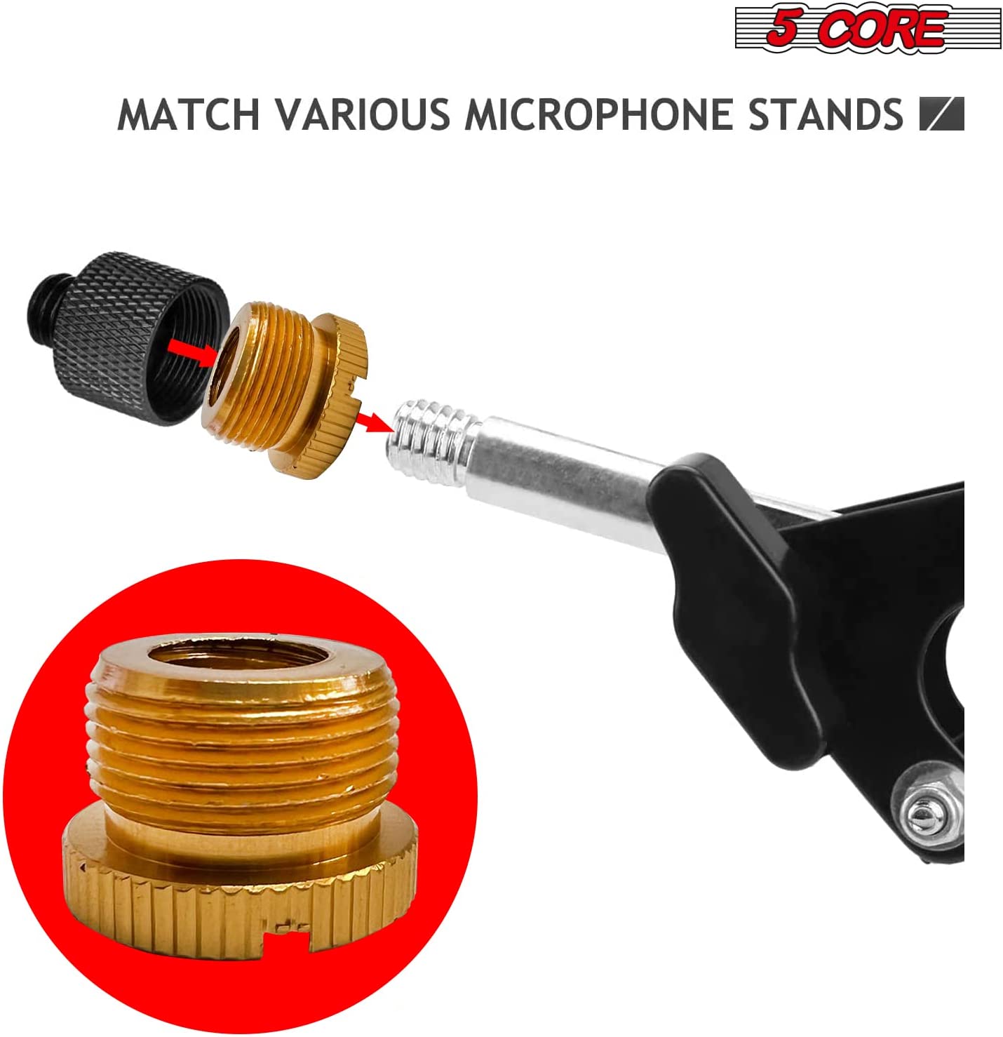 5 Core Mic Stand Adapter 4 Pieces Gold 3/8 Female to 5/8 Male Aluminum Mic Screw Adapter Gold Microphone Tripod Stand Screw - MS ADP M GLD 4PCS-4
