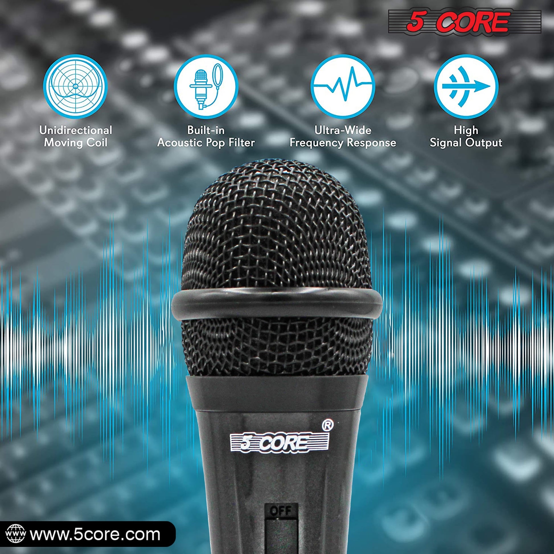 5 Core Microphone 1 Piece Professional Black Dynamic Karaoke XLR Wired Mic w ON/OFF Switch Integrated Pop Filter Cardioid Unidirectional Pickup Handheld Micrófono for Singing DJ Podcast Speeches Includes Cable Mic Holder - PM 816-5