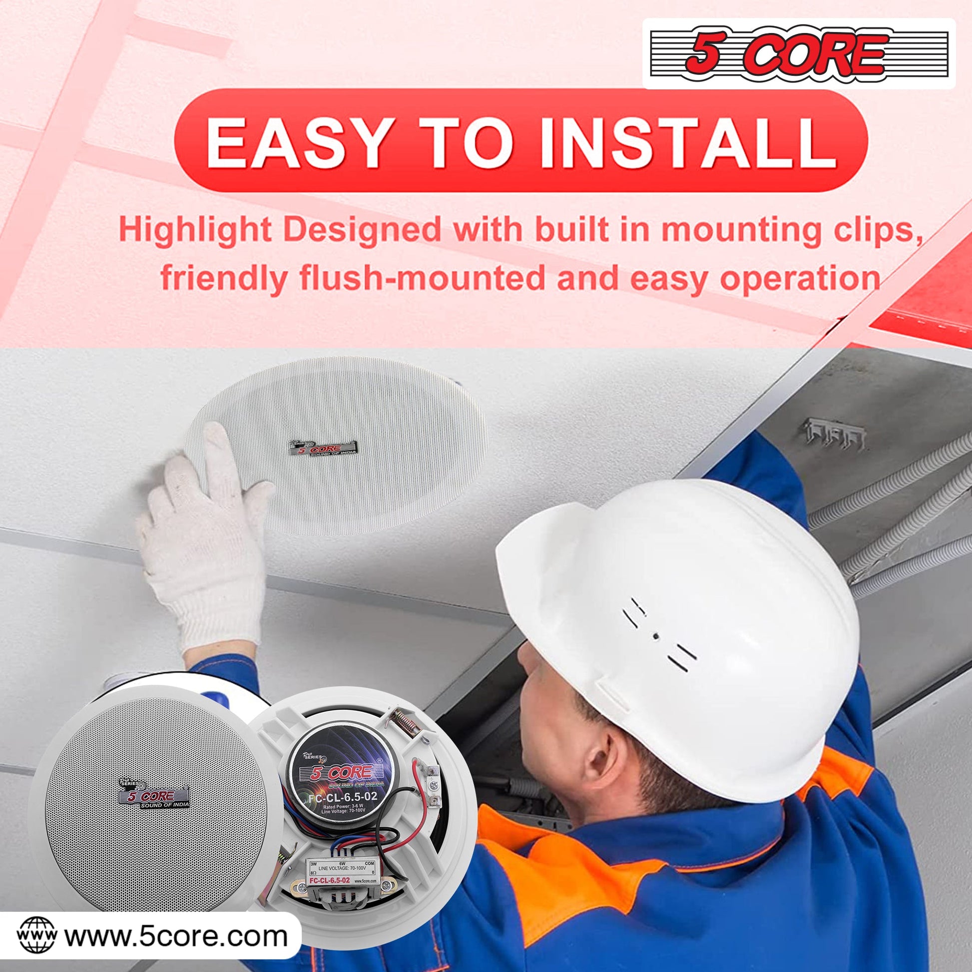 5 Core 6.5 Inch Ceiling Speaker System White in Wall Speakers 20W Rated Power 88dB Sensitivity Indoor Outdoor Ceiling Mount -CL 6.5-12 2W 6PCS-8