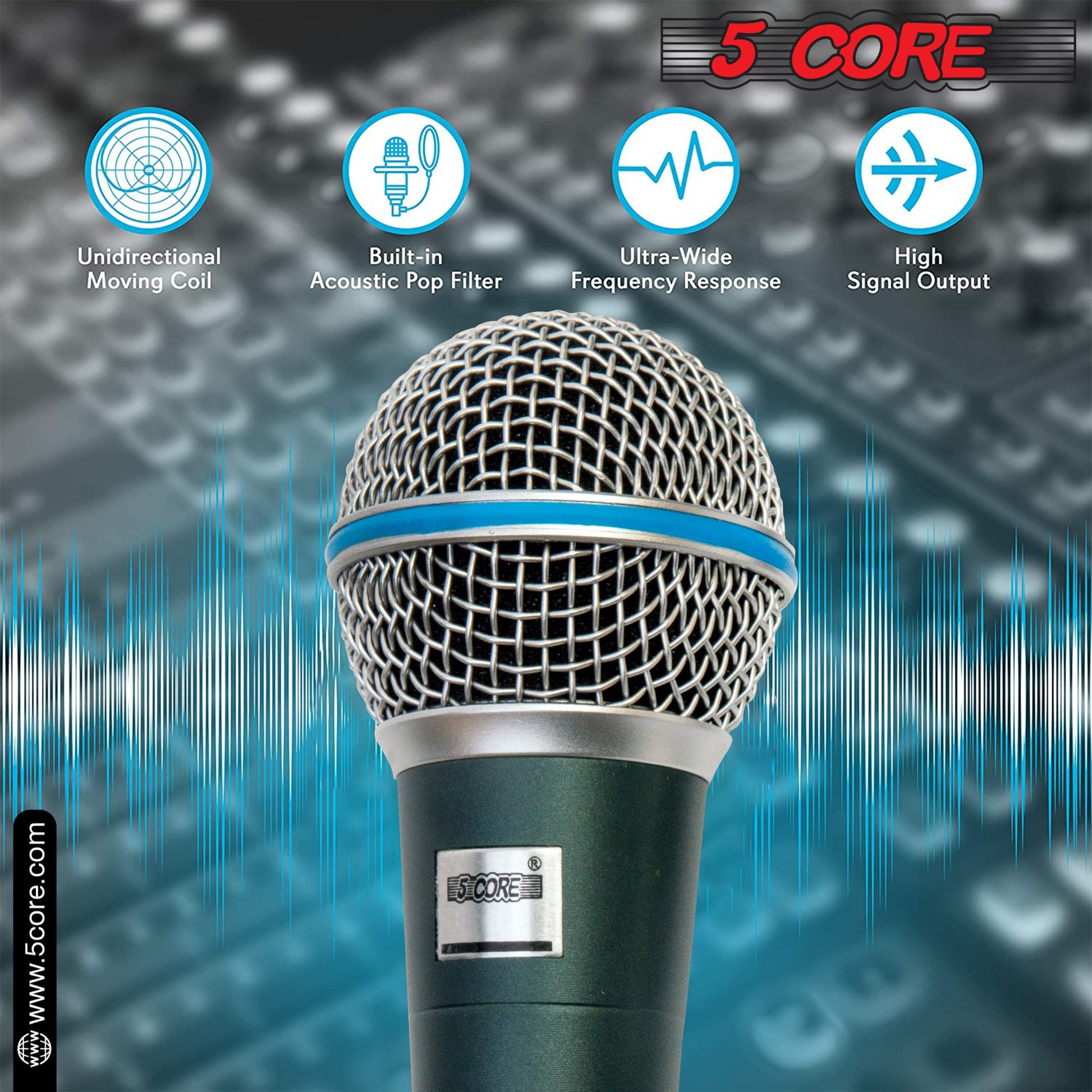 5 Core Microphone 2 Pieces Green Karaoke XLR Wired Professional Studio Mic w ON/OFF Switch Integrated Pop Filter Dynamic Cardioid Unidirectional Handheld Micrófono for Singing DJ Speeches Includes Cable Mic Holder Bag - BETA 2PCS-5