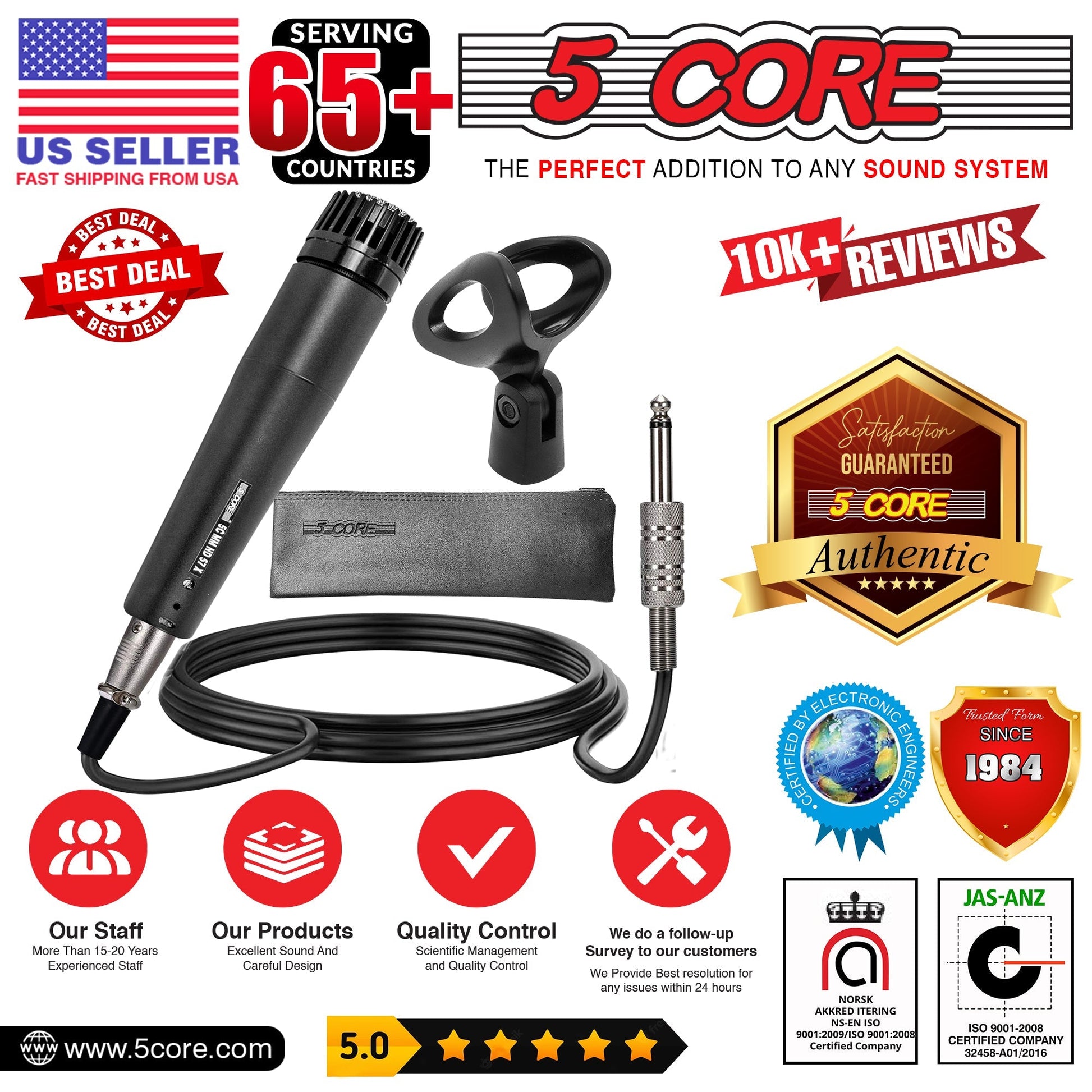 5 Core Microphone Professional Black Dynamic Karaoke XLR Wired Mic w Integrated Pop Filter Cardioid Unidirectional Pickup Handheld Micrófono -ND-57X 2PCS-10
