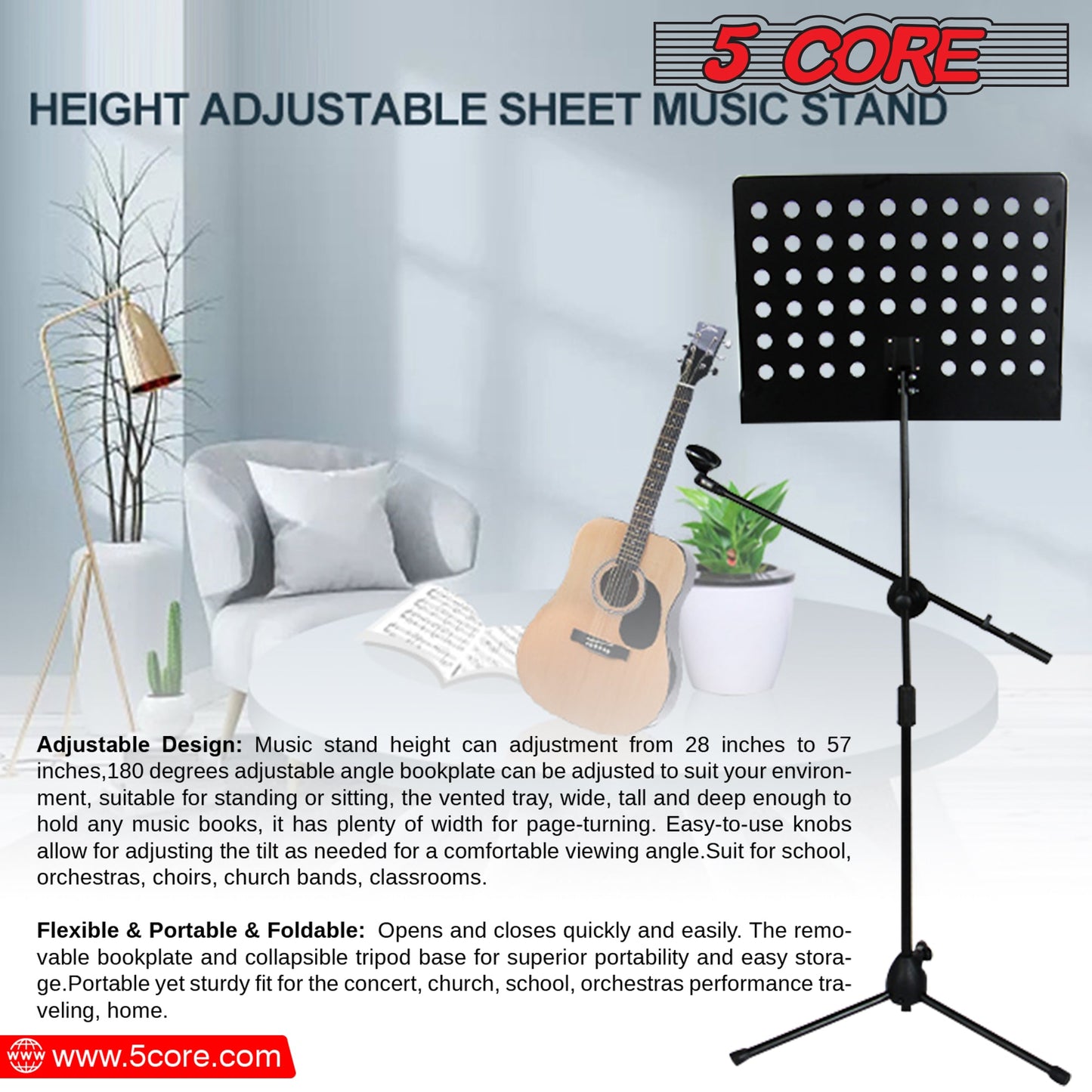 Ultimate Performance Combo: 5 Core Sheet Music Stand with Mic Stand Holder + Premium Vocal Dynamic Mic for Music and Karaoke Delights MUS MH+ND58BLK-4