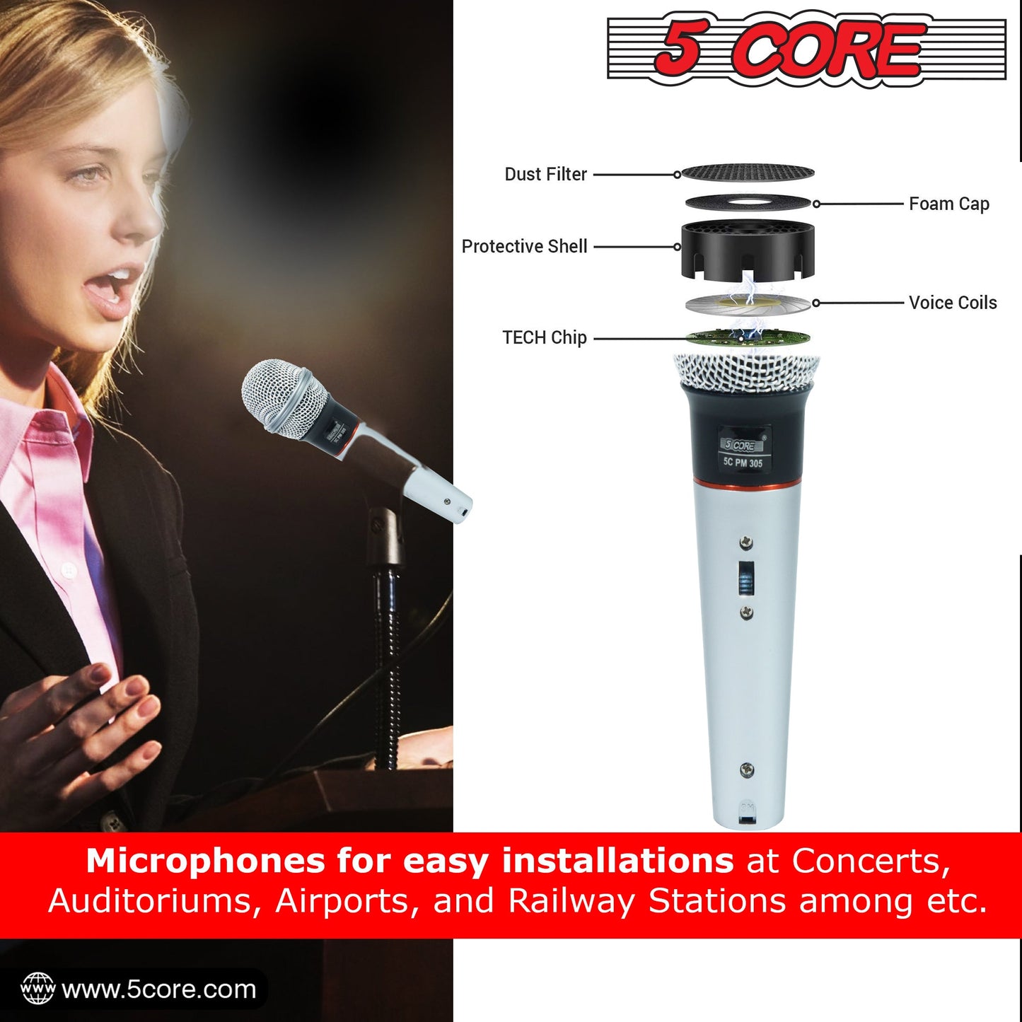 5 Core Microphone 4 Pcs Karaoke XLR Wired Mic Professional Studio Microfonos w ON/OFF Switch Integrated Pop Filter Dynamic Moving Coil Cardioid Unidirectional Pickup Handheld Micrófono for Singing DJ Podcast Speeches Includes Cable - PM 305 4PCS-6