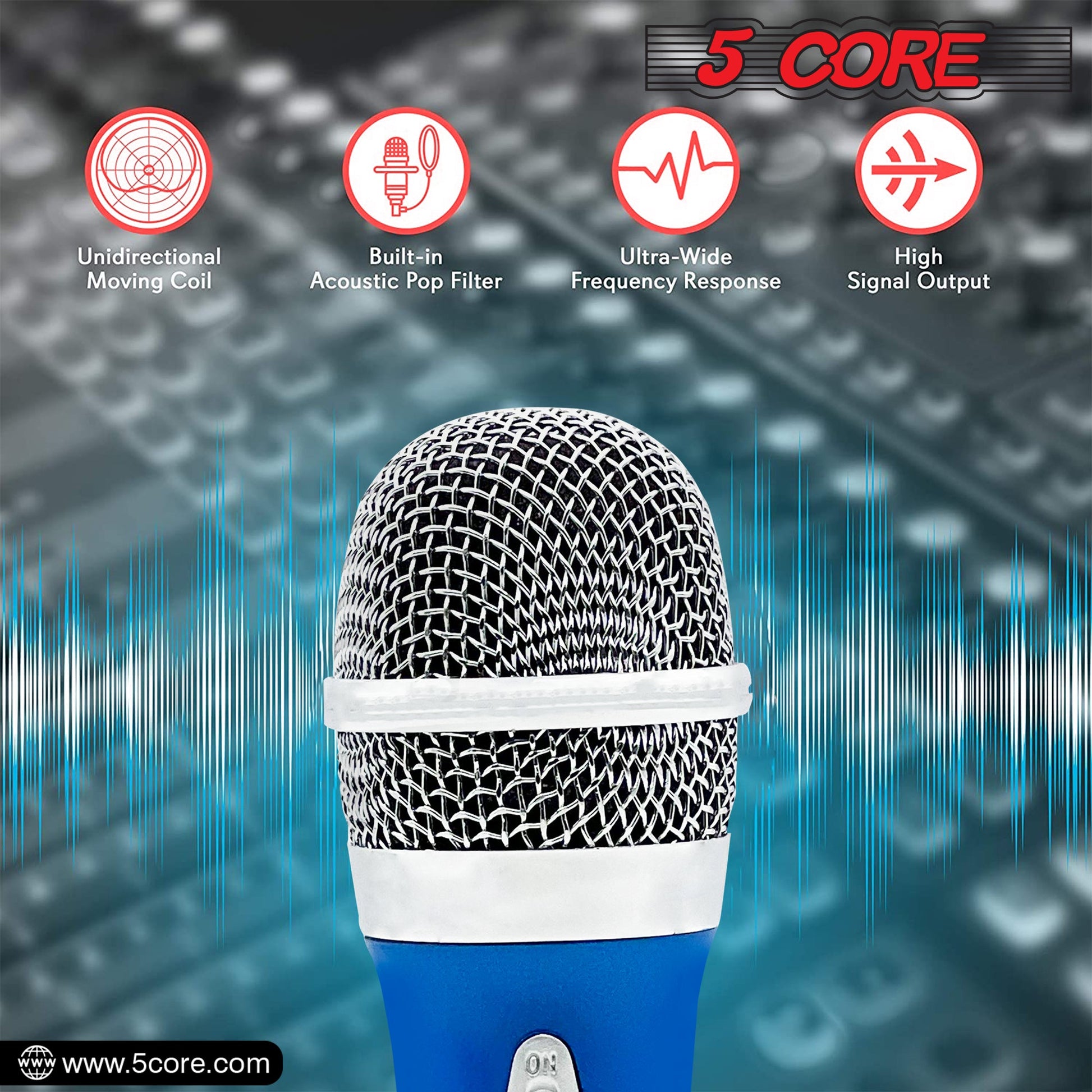 5 Core Microphone 4Pcs Blue Karaoke XLR Wired Mic Professional Studio Microfonos w ON/OFF Switch Integrated Pop Filter Dynamic Moving Coil Cardioid Unidirectional Pickup Handheld Micrófono for Singing DJ Podcast Speeches Includes Cable - PM 286 -3