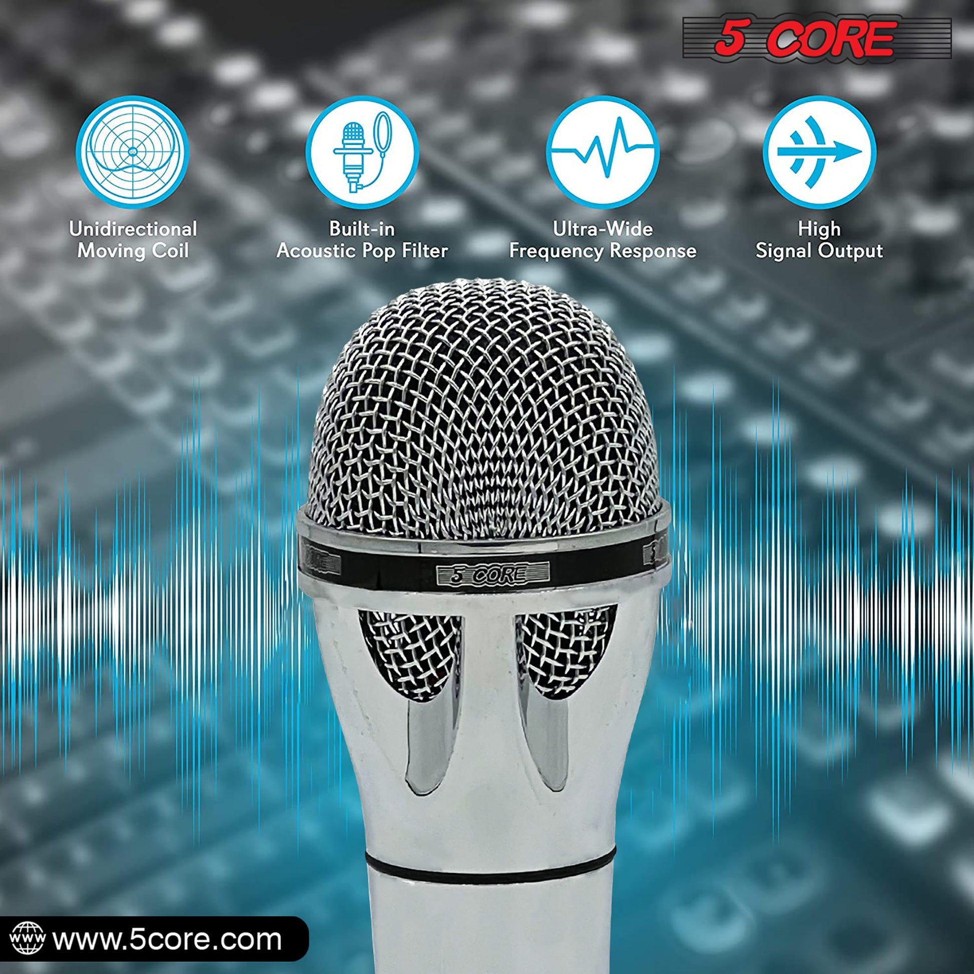 5 Core Microphone 4 Pieces Professional Chrome Finish Dynamic Karaoke XLR Wired Mic w ON/OFF Switch Integrated Pop Filter Cardioid Unidirectional Pickup Handheld Micrófono for Singing DJ Podcast Speeches Includes Cable Mic Holder - PM 817 CH 4PC-4