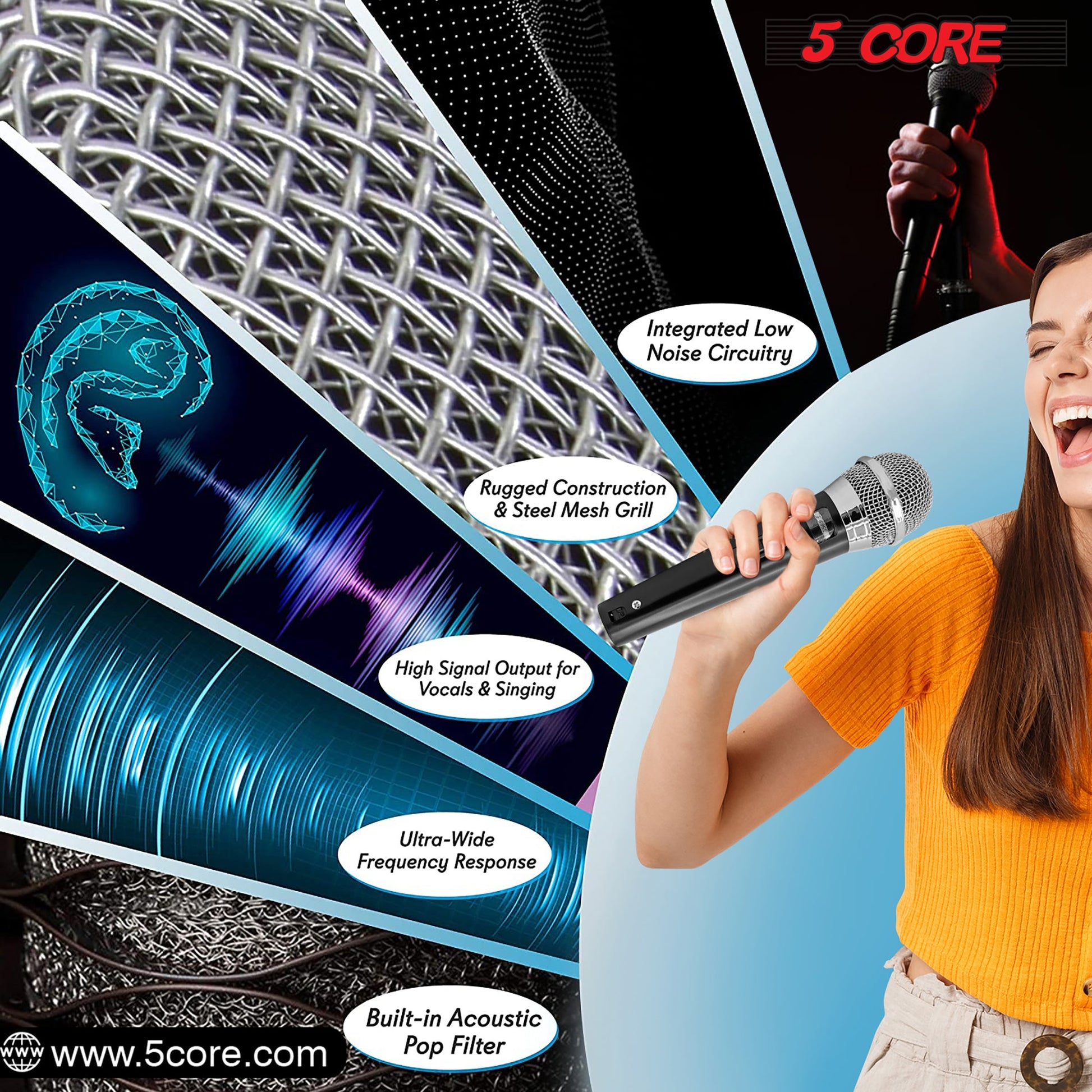 5 Core Microphone 4 Pieces Black Professional Karaoke Dynamic XLR Wired Mic w ON/OFF Switch Integrated Pop Filter Cardioid Unidirectional Pickup Handheld Micrófono for Singing DJ Speeches Includes Cable Mic Holder -PM 100 4PCS-7