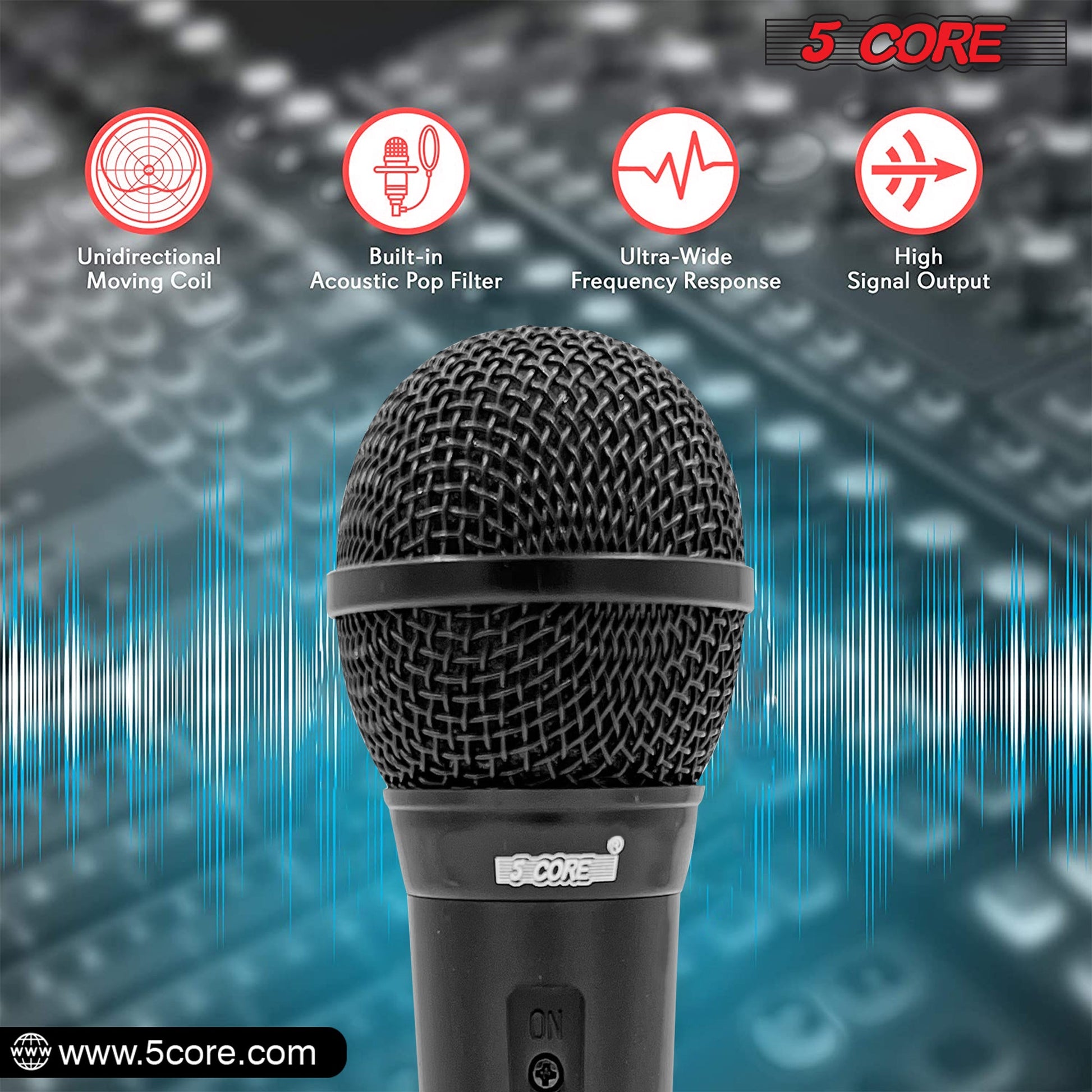 5 CORE 4 Pieces Premium Vocal Dynamic Cardioid Handheld Microphone Unidirectional Mic with Detachable XLR Cable to inch Audio Jack and On/Off Switch for Karaoke Singing - PM 101 BLK 4PCS-5
