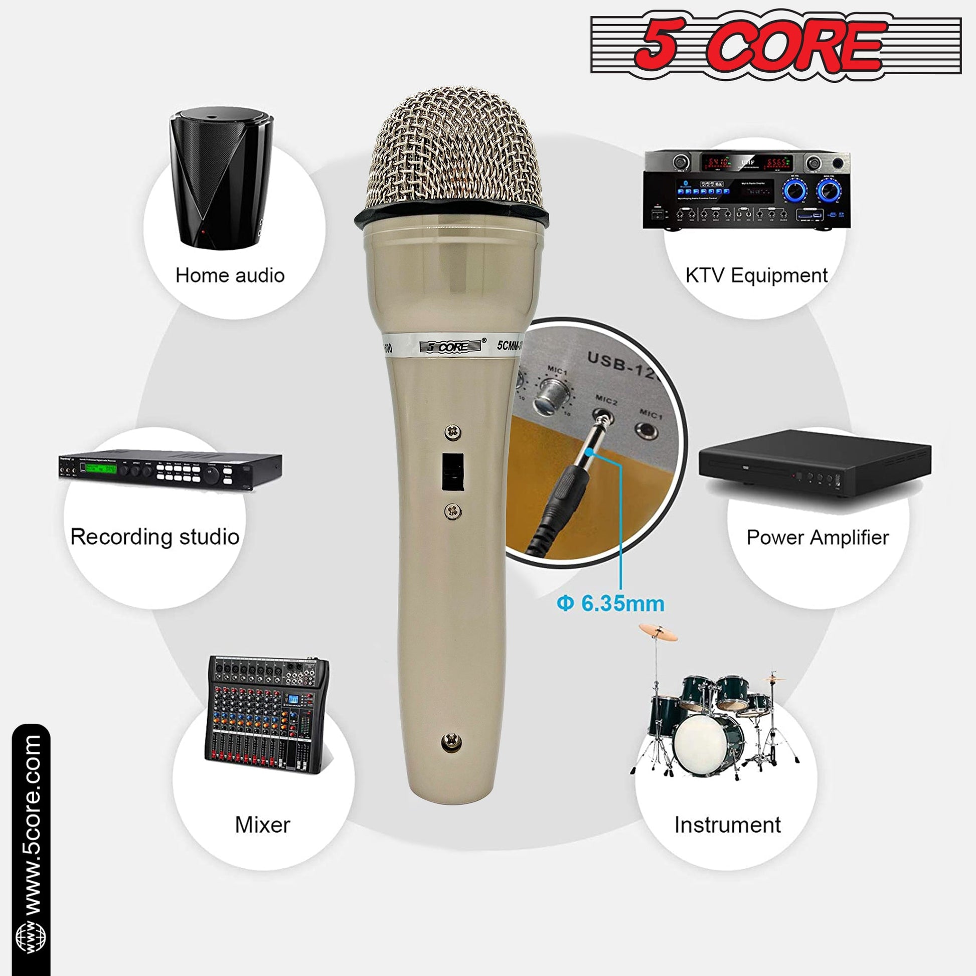 5 CORE Premium Vocal Dynamic Cardioid Handheld Microphone Neodymium Magnet Unidirectional Mic, 16ft Detachable XLR Deluxe Cable to ¼ Audio Jack, On/Off Switch for Karaoke Singing PM 301-7