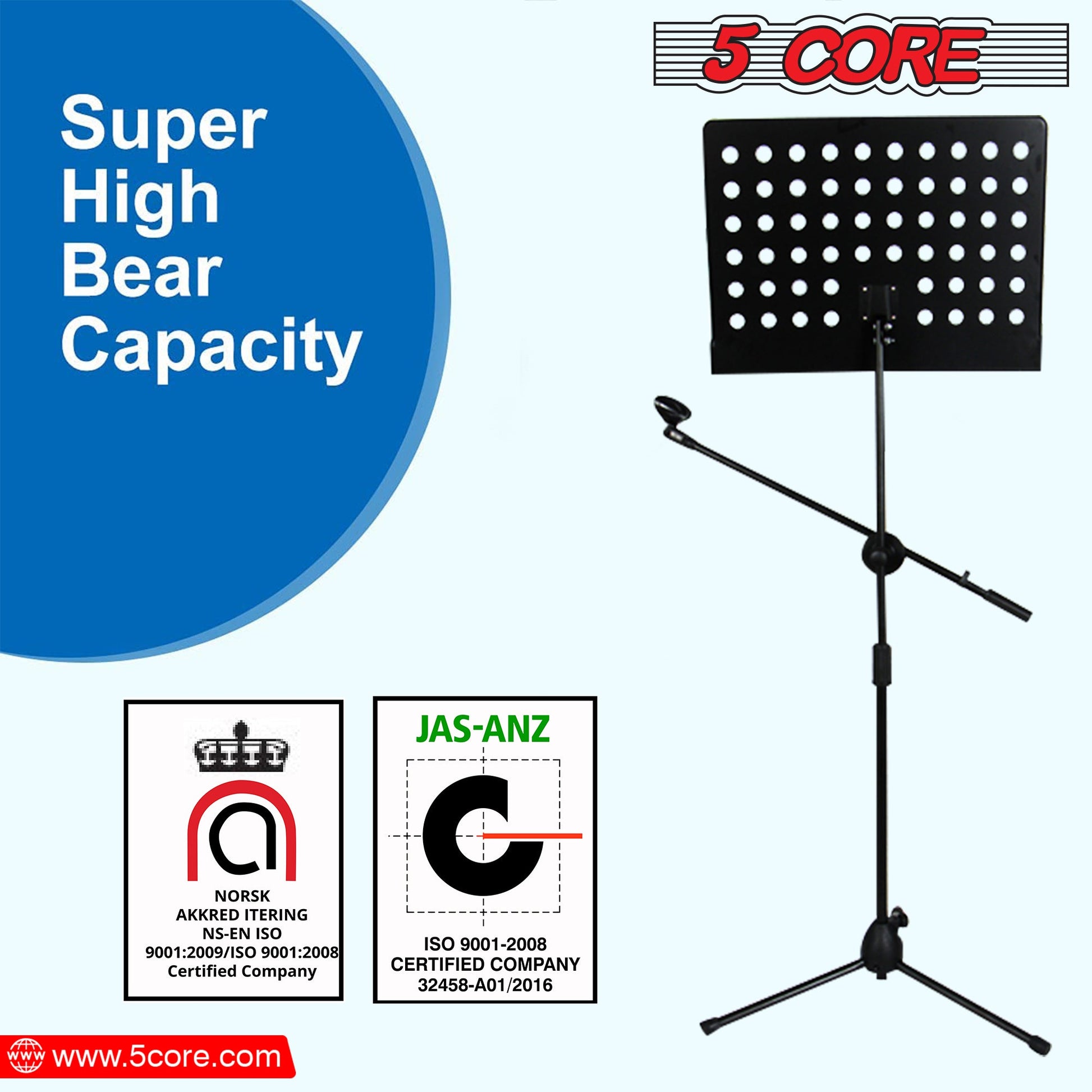 Ultimate Performance Combo: 5 Core Sheet Music Stand with Mic Stand Holder + Premium Vocal Dynamic Mic for Music and Karaoke Delights MUS MH+ND58BLK-5
