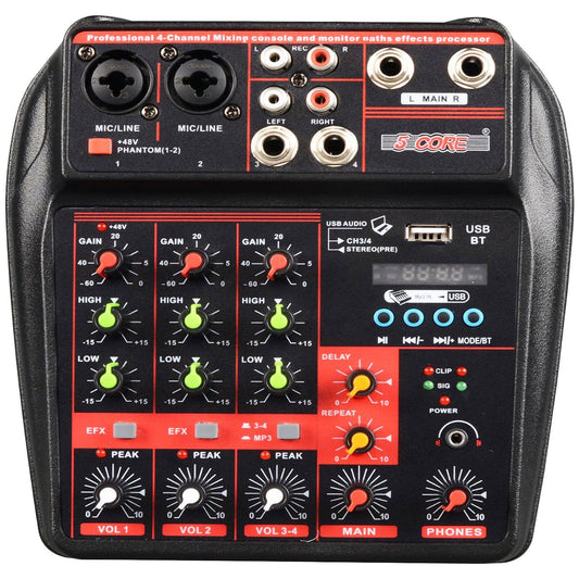 5Core U4 Portable Mini Mixer 4 Channel Audio DJ Console with Sound Card, USB, 48V Phantom Power for PC Recording MX 4CH