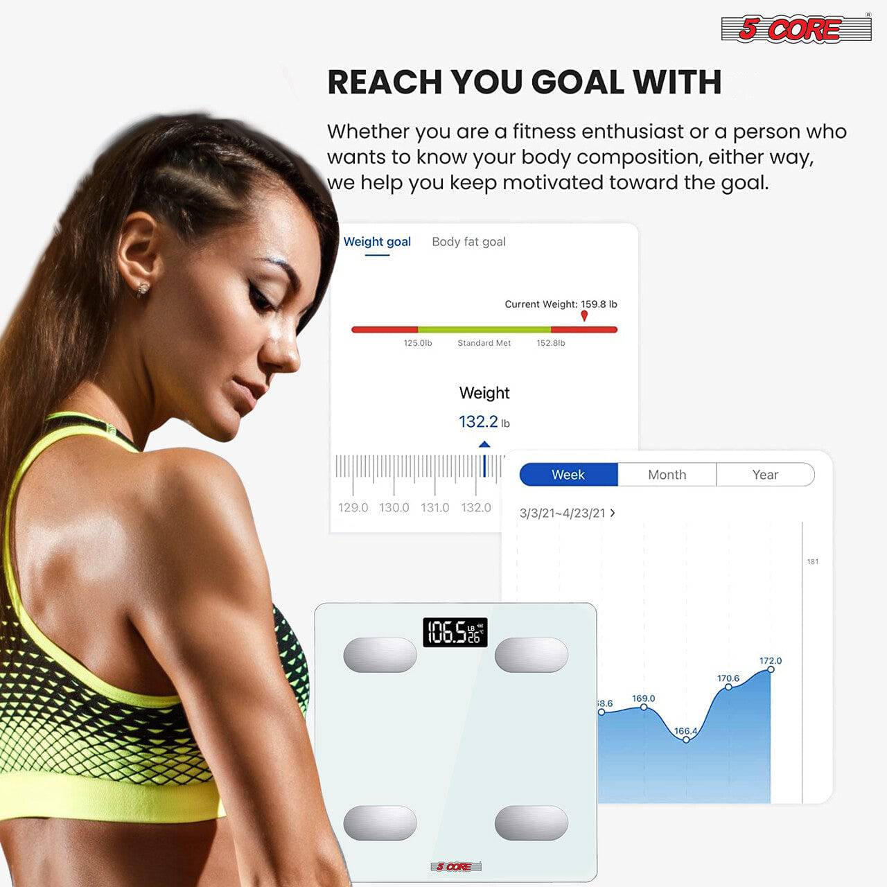 5Core Digital Bathroom Scale for Body Weight Fat Smart Bluetooth Rechargeable BBS HL B WH