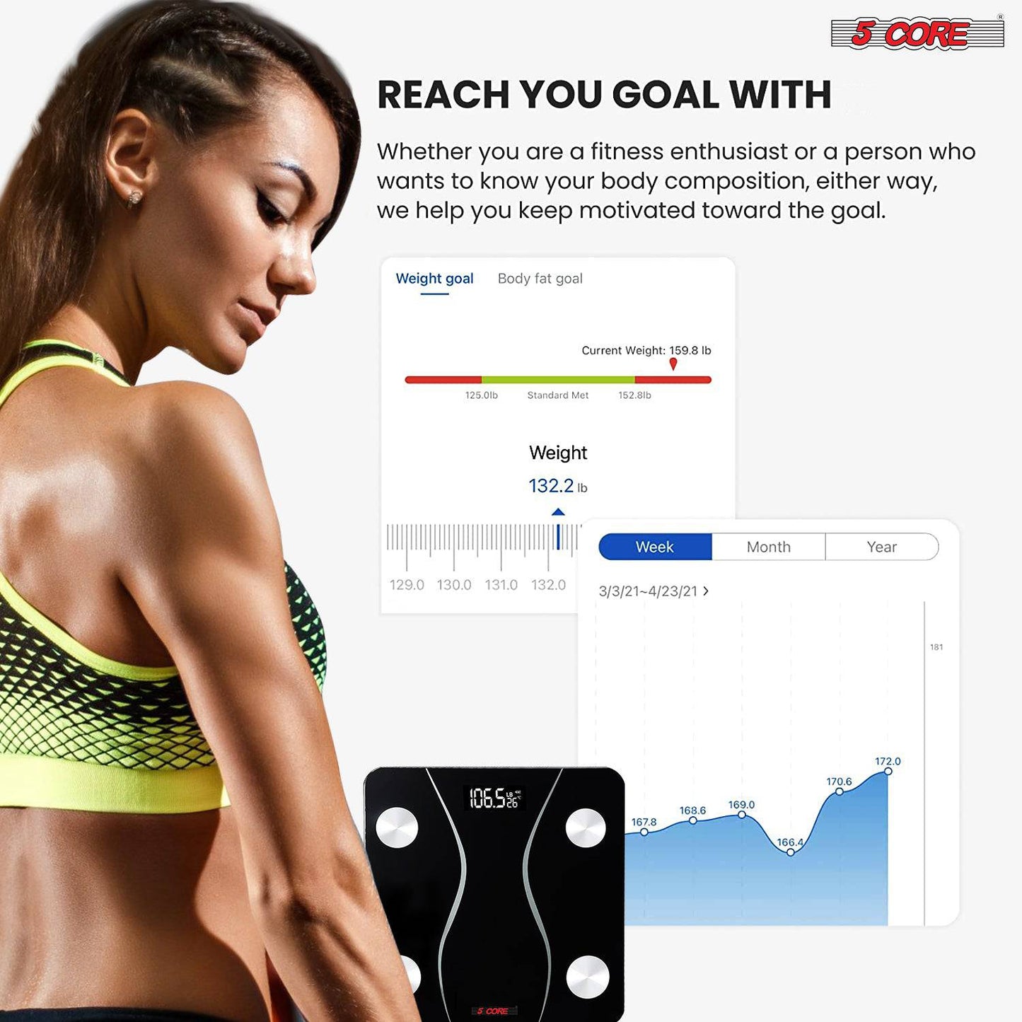5Core Digital Bathroom Scale for Body Weight Fat Rechargeable 400 lb/180kg BS 01 B BLK
