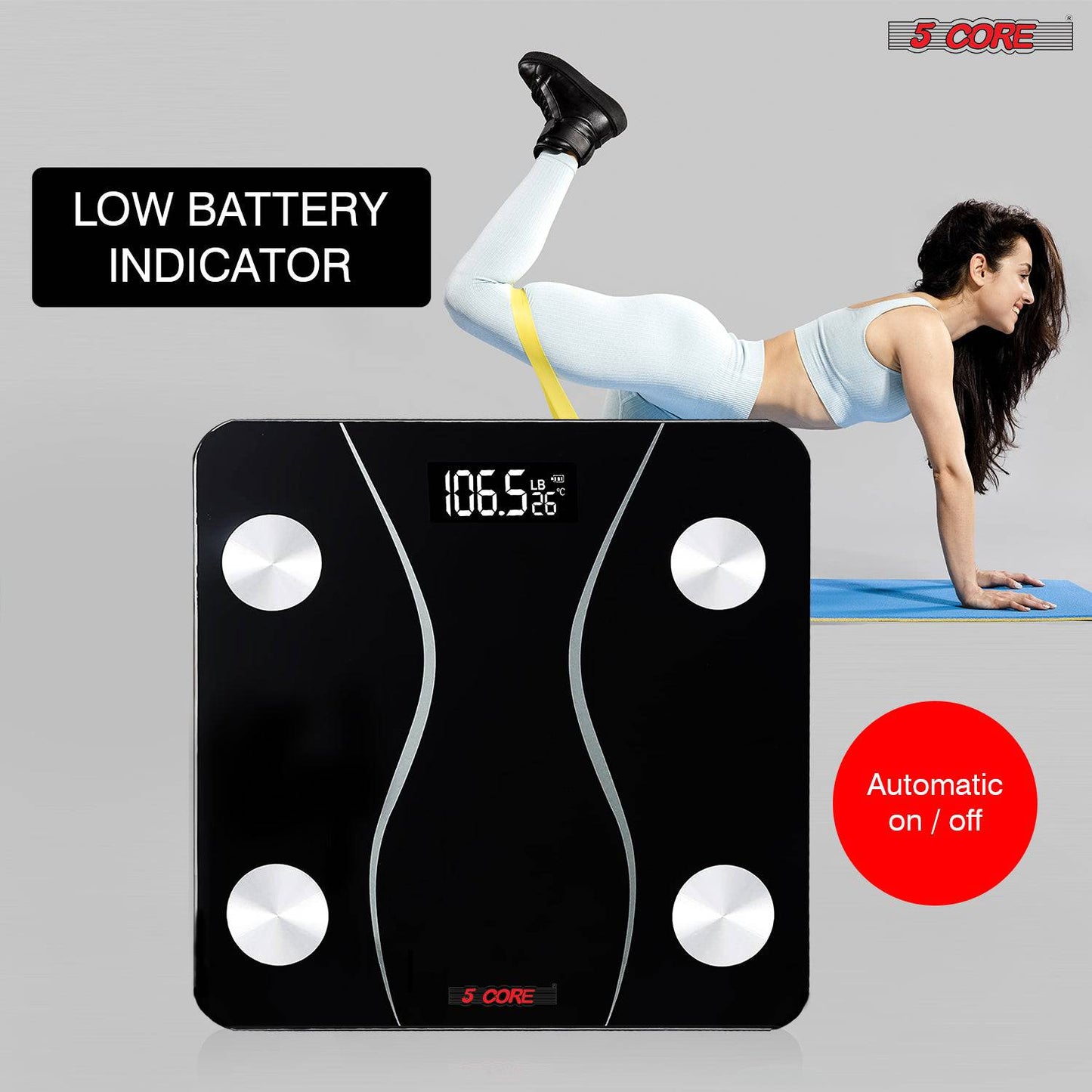 5Core Digital Bathroom Scale for Body Weight Fat Rechargeable 400 lb/180kg BS 01 B BLK