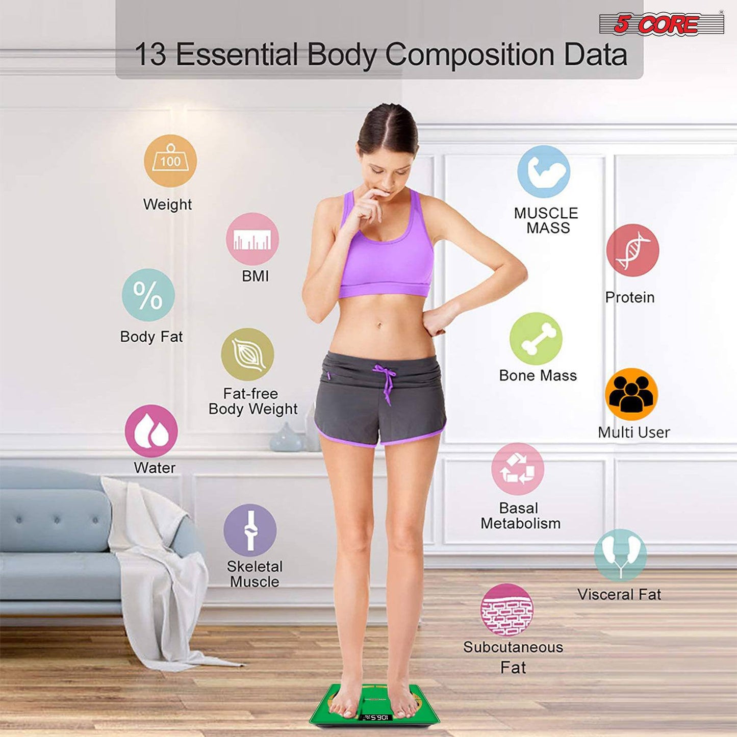 5Core Digital Bathroom Scale for Body Weight Fat Smart Bluetooth Rechargeable BBS 03 B SG