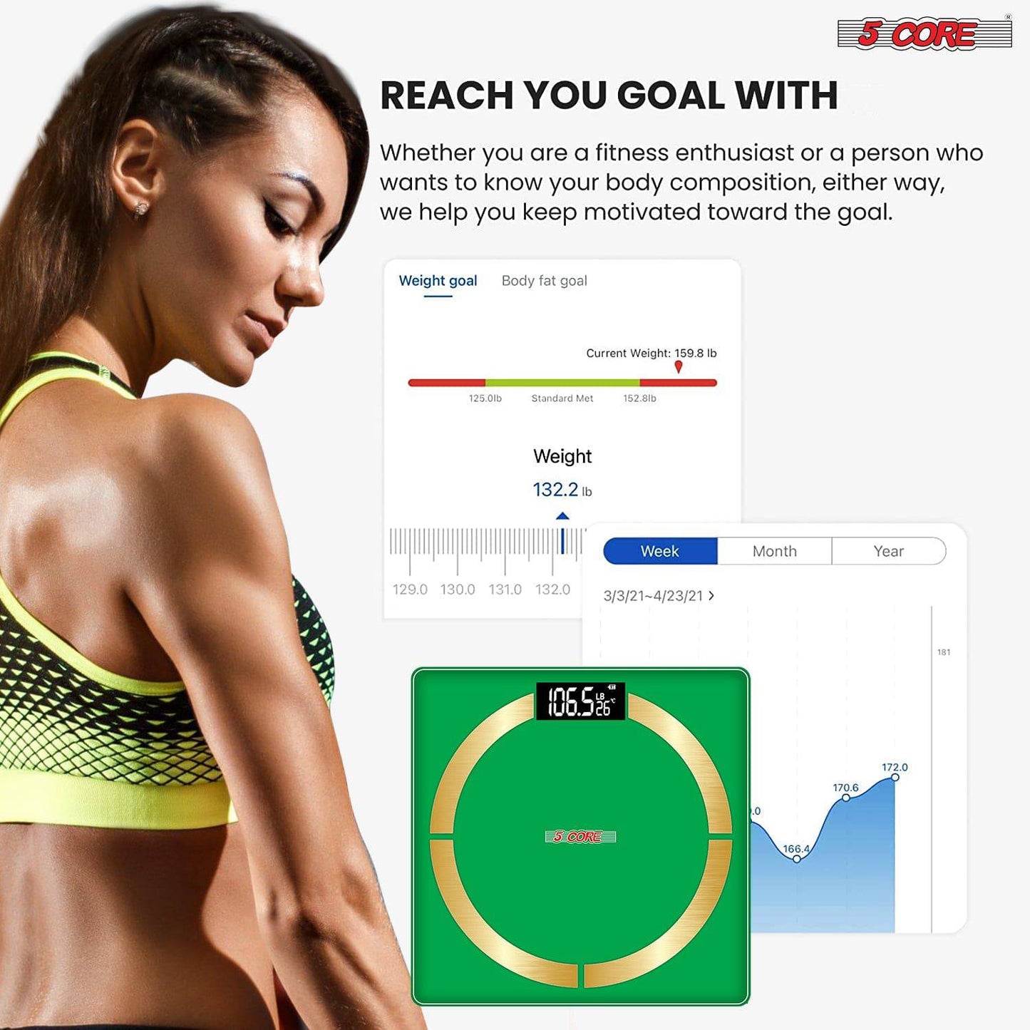 5Core Digital Bathroom Scale for Body Weight Fat Smart Bluetooth Rechargeable BBS 4 R SG