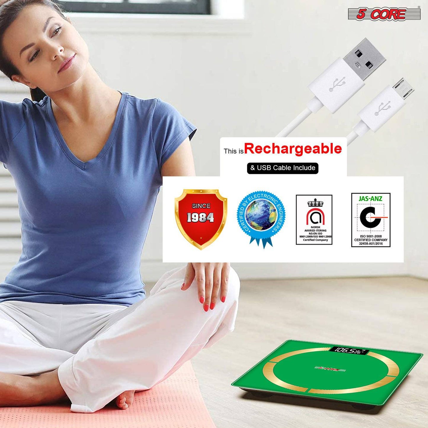 5Core Digital Bathroom Scale for Body Weight Fat Smart Bluetooth Rechargeable BBS 4 R SG