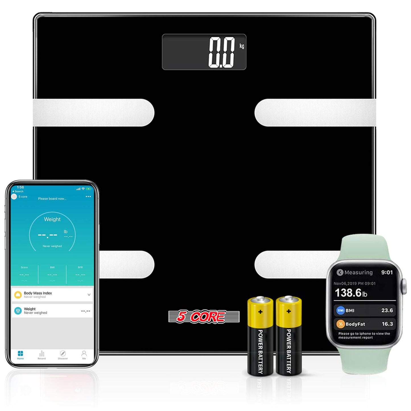 5Core Digital Bathroom Scale for Body Weight Fat Smart Bluetooth Rechargeable BBS HL B BLK