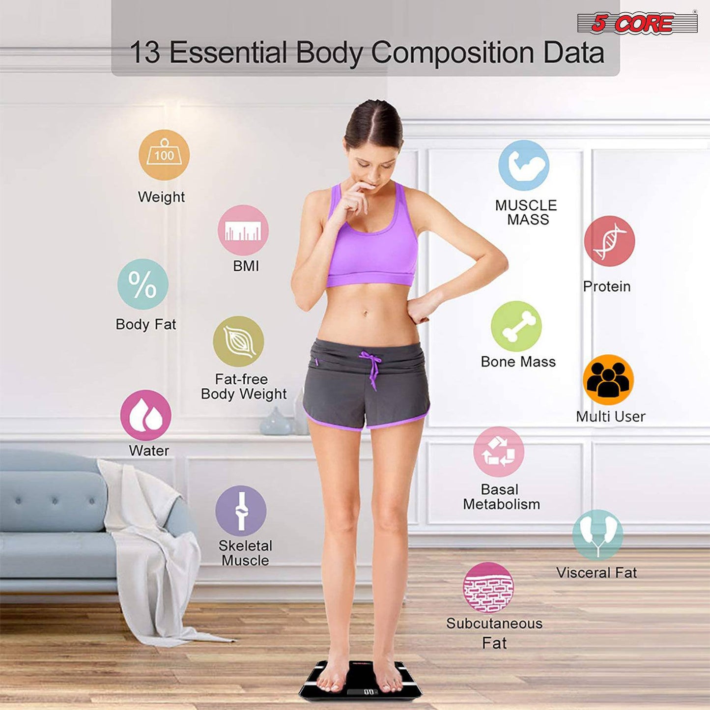 5Core Digital Bathroom Scale for Body Weight Fat Smart Bluetooth Rechargeable BBS HL B BLK