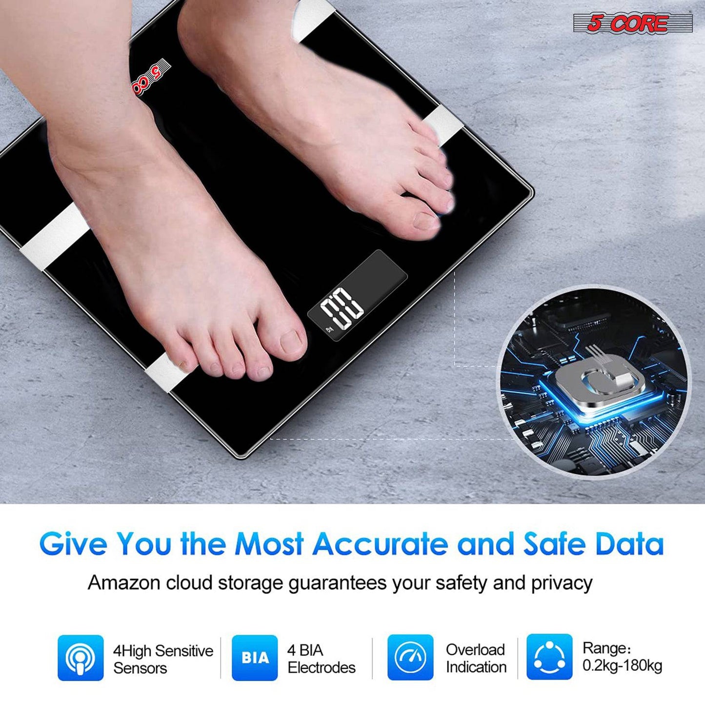 5Core Digital Bathroom Scale for Body Weight Fat Smart Bluetooth Rechargeable BBS HL B BLK