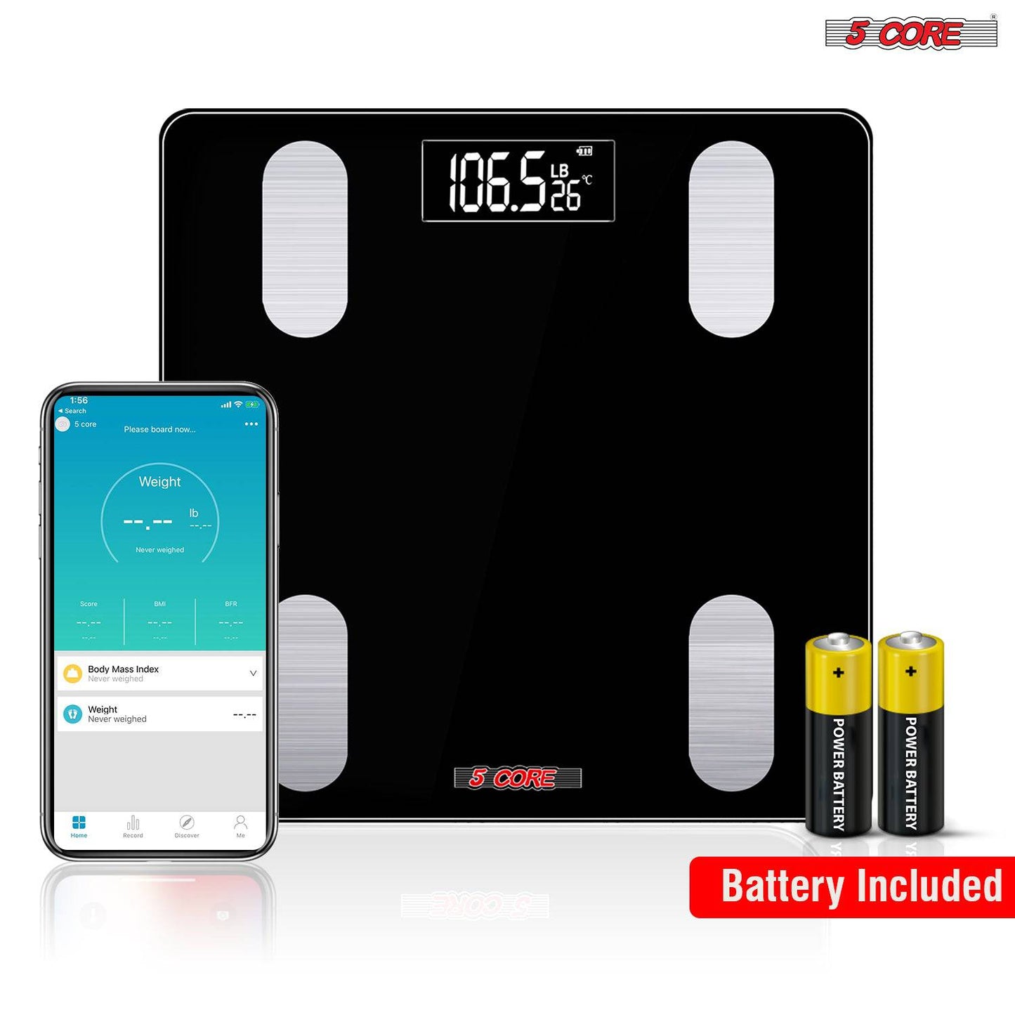 5Core Digital Bathroom Scale for Body Weight Fat Smart Bluetooth Rechargeable BBS VL B BLK