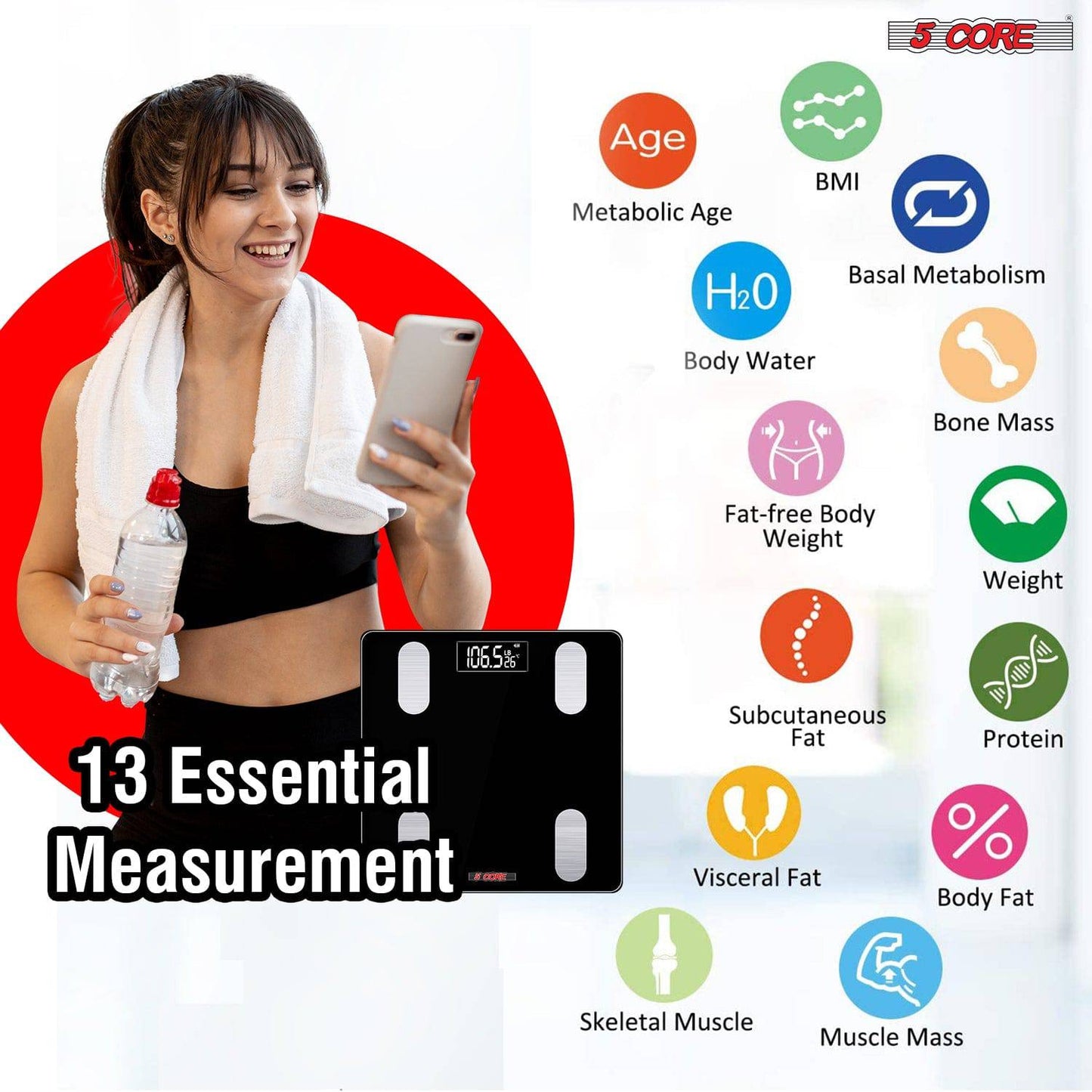 5Core Digital Bathroom Scale for Body Weight Fat Smart Bluetooth Rechargeable BBS VL B BLK