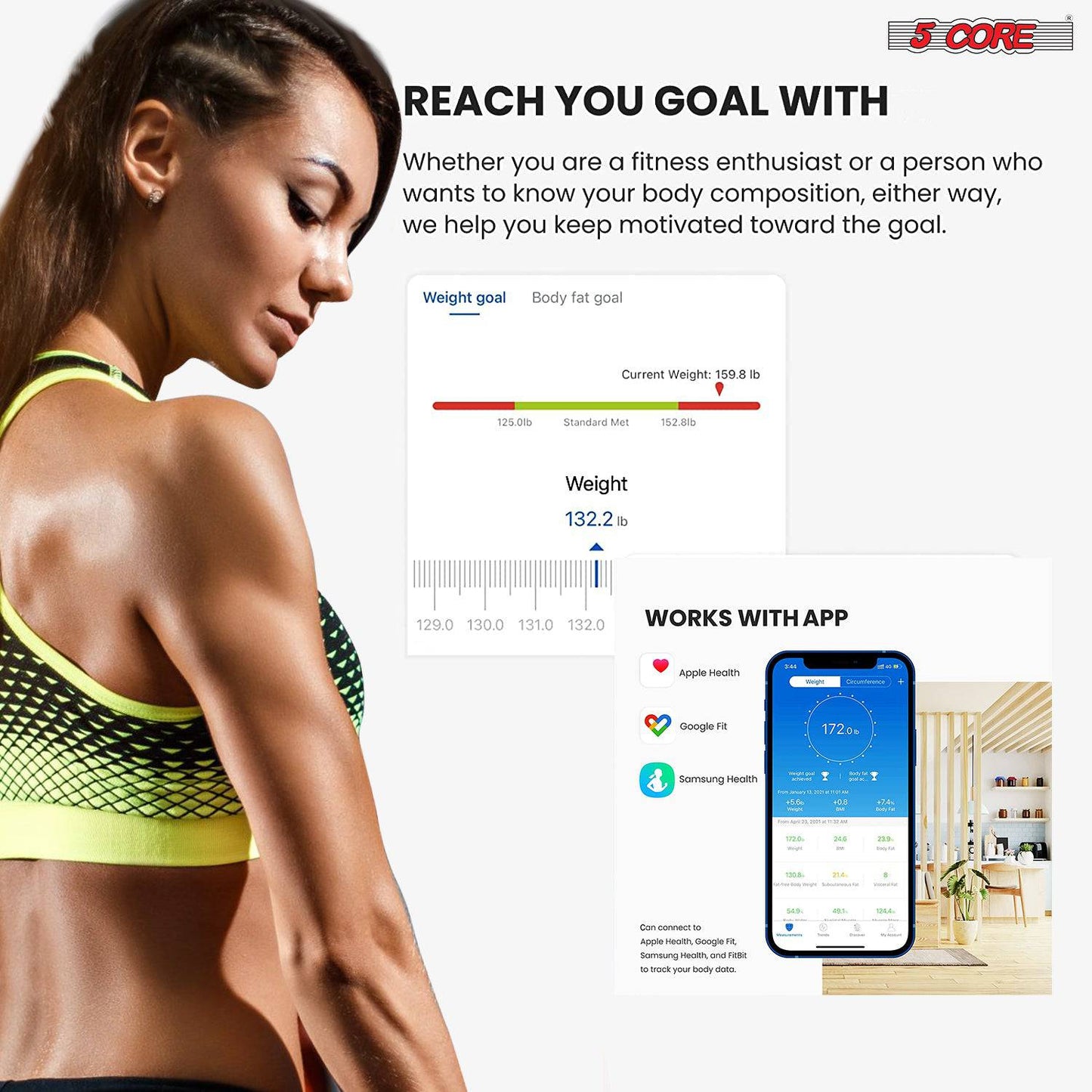 5Core Digital Bathroom Scale for Body Weight Fat Smart Bluetooth Rechargeable BBS VL B BLK