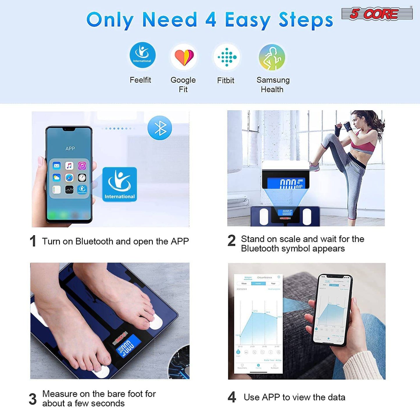 5Core Digital Bathroom Scale for Body Weight Fat Smart Bluetooth Rechargeable BBS VL B BLU