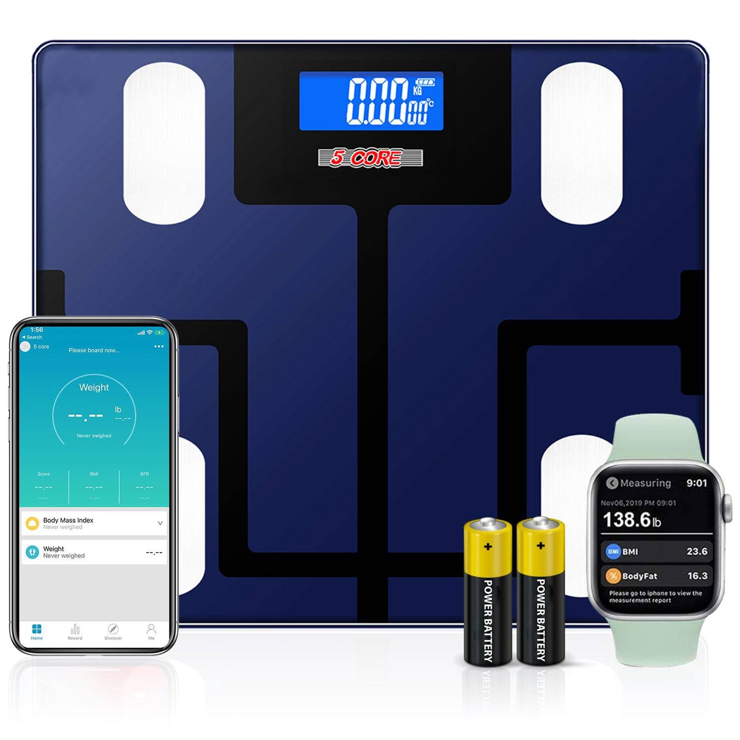 5Core Digital Bathroom Scale for Body Weight Fat Smart Bluetooth Rechargeable BBS VL B BLU