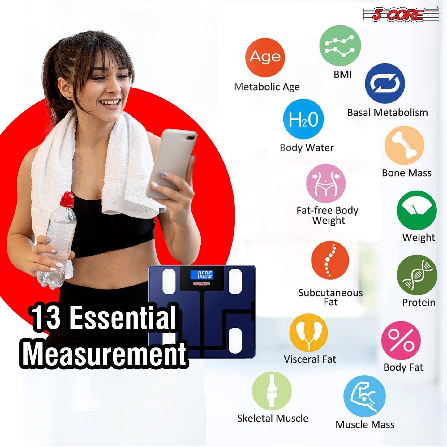 5Core Digital Bathroom Scale for Body Weight Fat Smart Bluetooth Rechargeable BBS VL B BLU