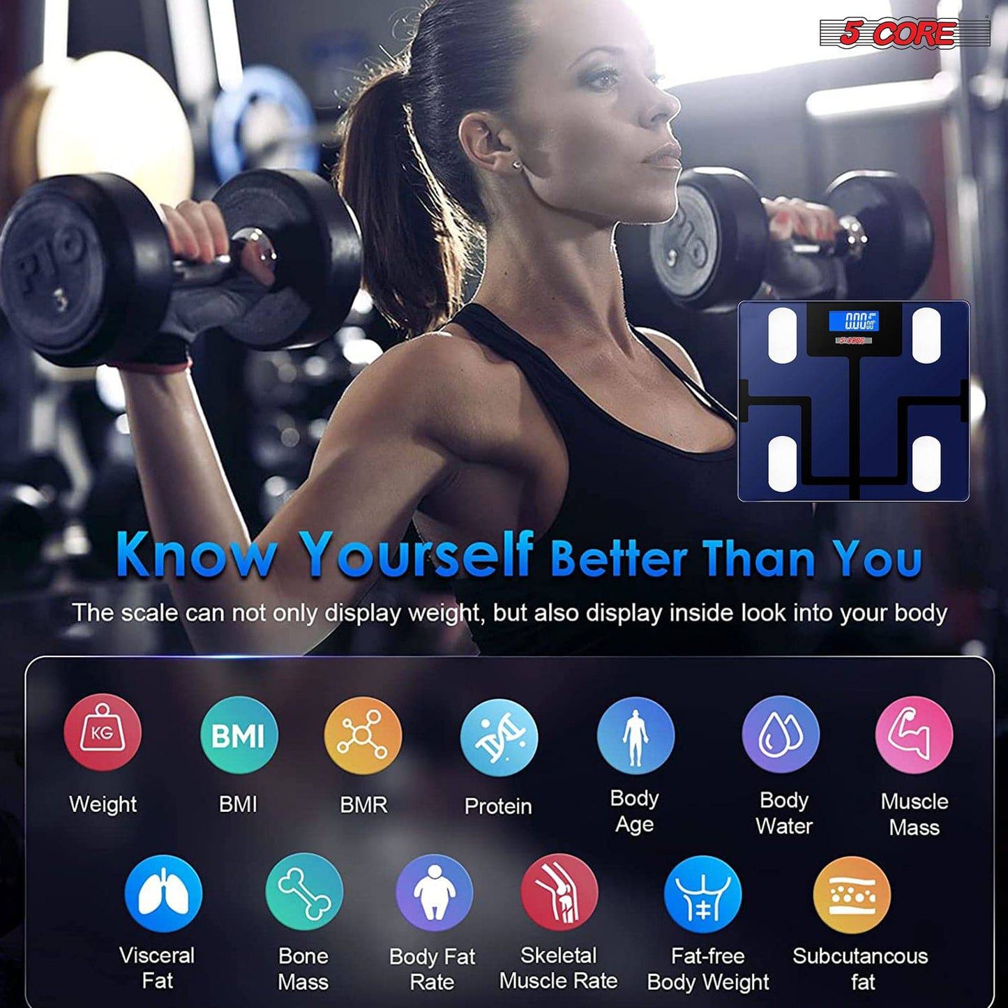 5Core Digital Bathroom Scale for Body Weight Fat Smart Bluetooth Rechargeable BBS VL B BLU