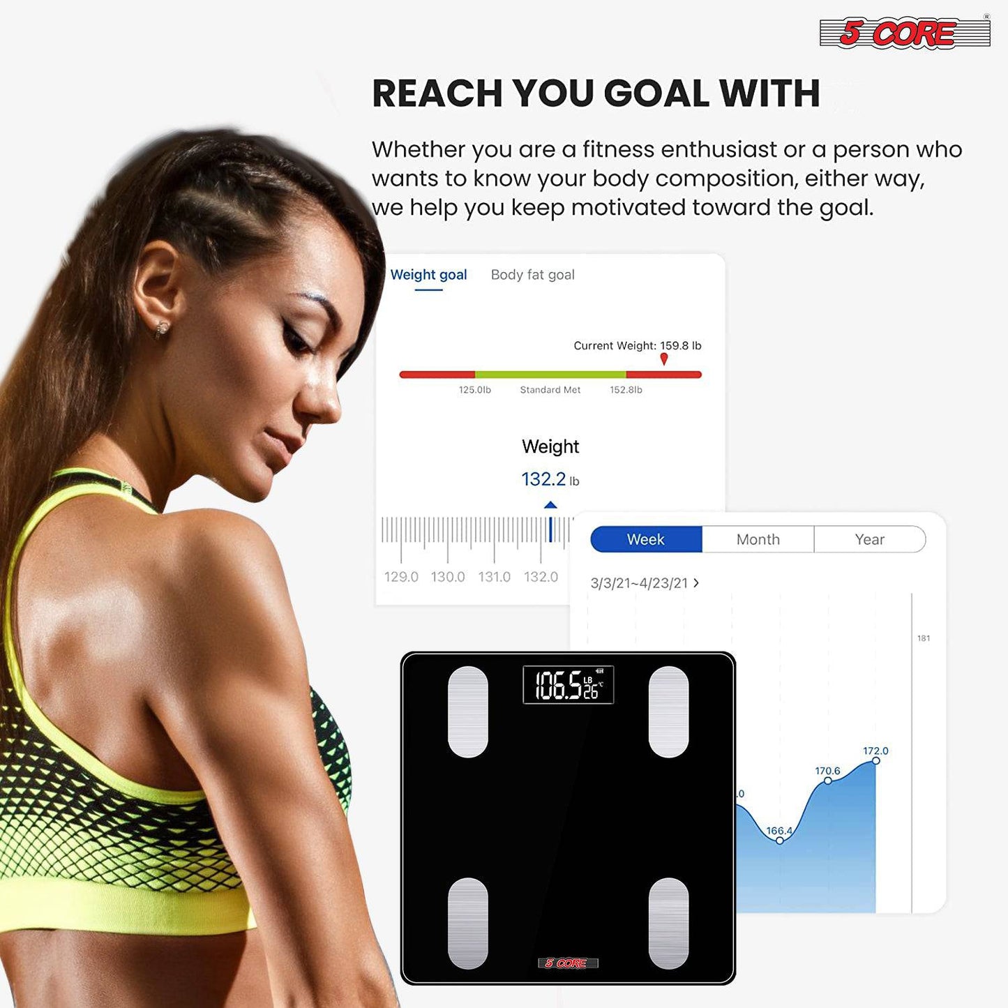 5Core Digital Bathroom Scale for Body Weight Fat Smart Bluetooth Rechargeable BBS VL R BLK