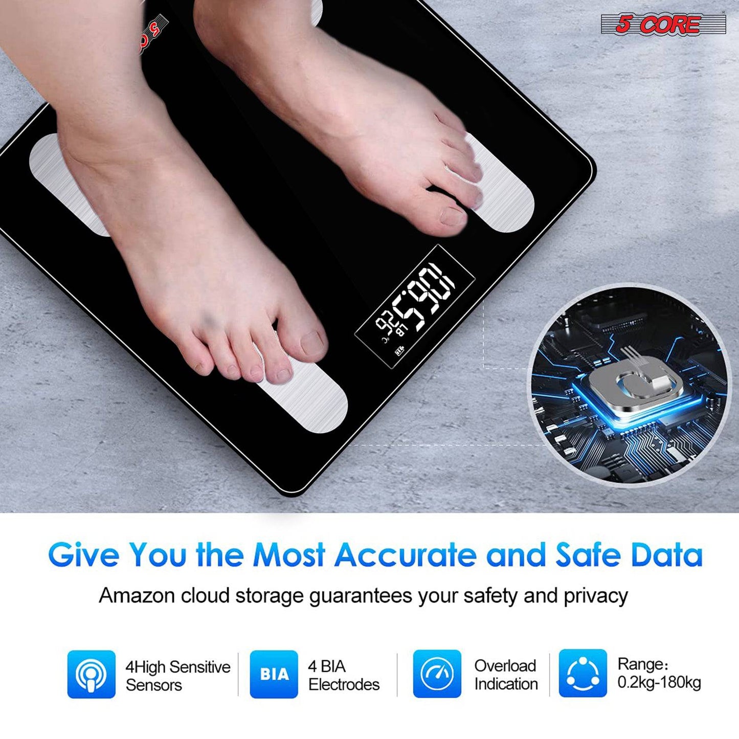 5Core Digital Bathroom Scale for Body Weight Fat Smart Bluetooth Rechargeable BBS VL R BLK