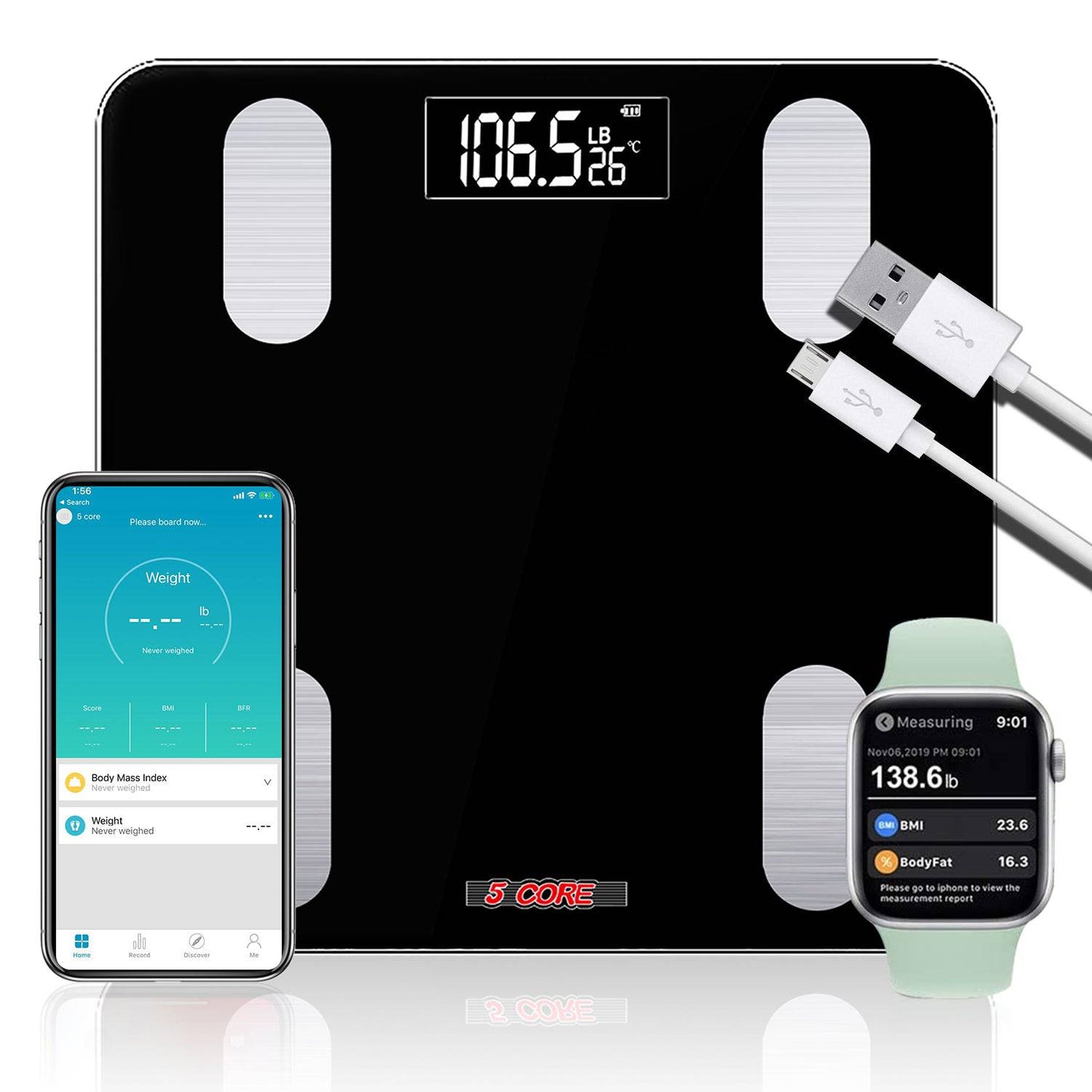 5Core Digital Bathroom Scale for Body Weight Fat Smart Bluetooth Rechargeable BBS VL R BLK
