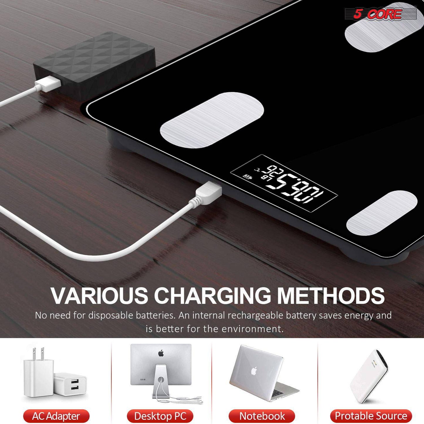 5Core Digital Bathroom Scale for Body Weight Fat Smart Bluetooth Rechargeable BBS VL R BLK