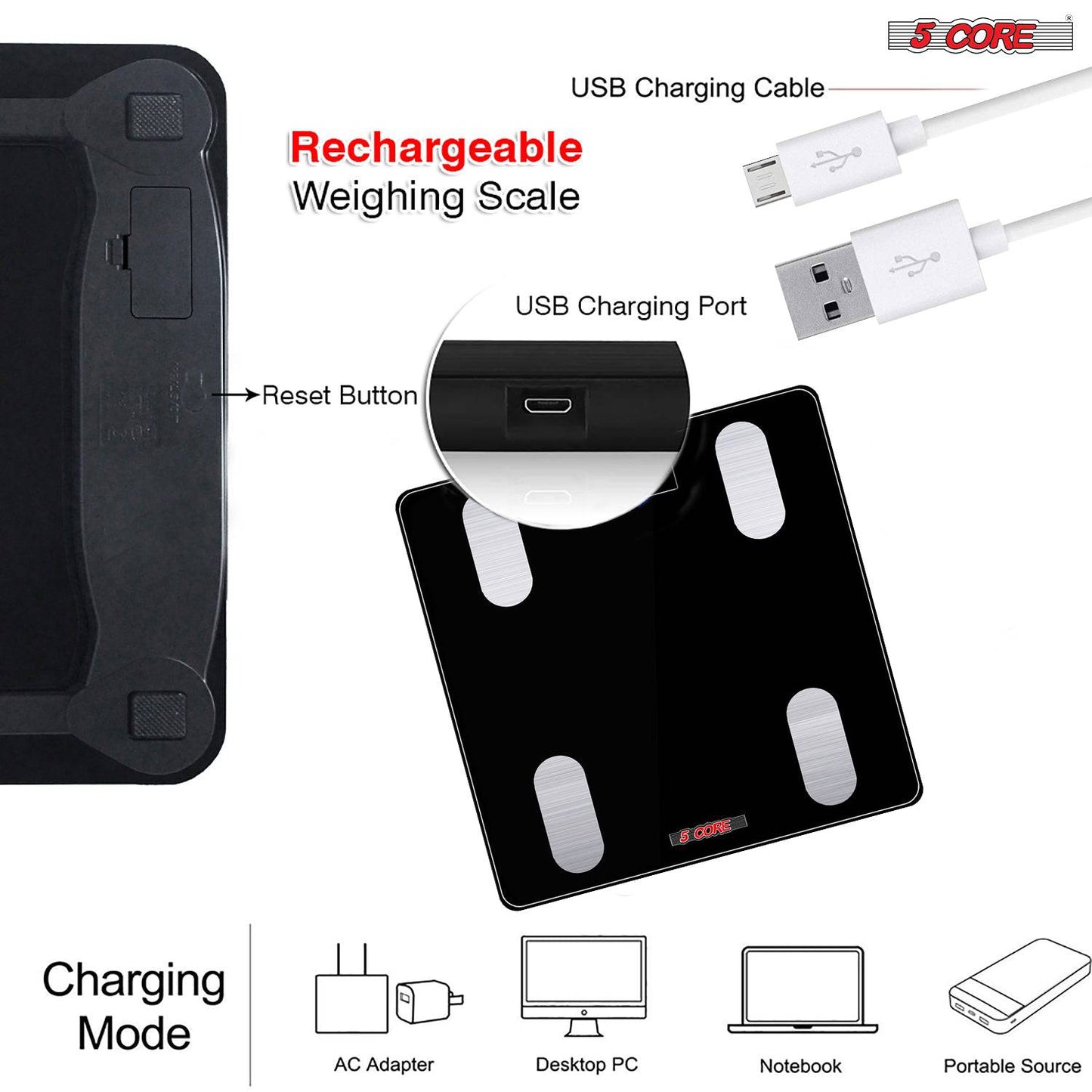 5Core Digital Bathroom Scale for Body Weight Fat Smart Bluetooth Rechargeable BBS VL R BLK