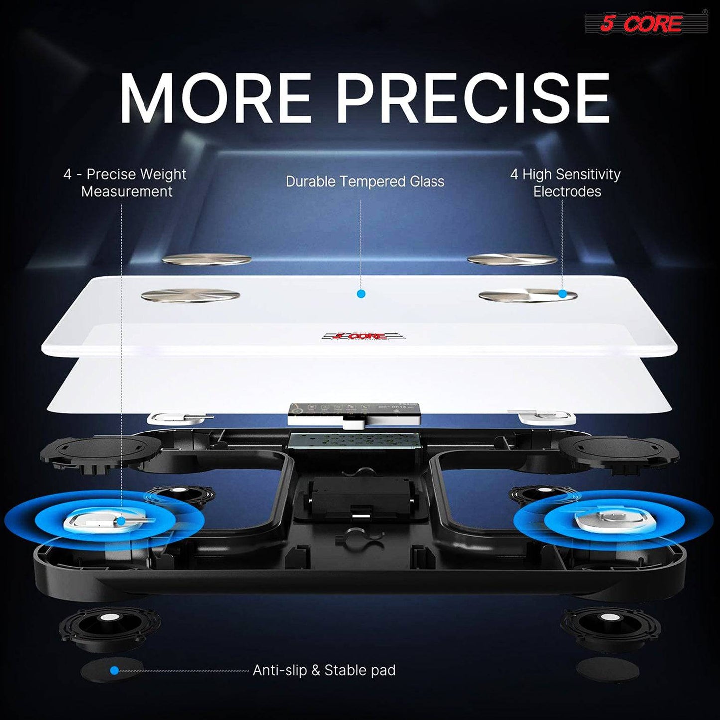 5Core Digital Bathroom Scale for Body Weight Fat Smart Bluetooth Rechargeable BBS DOT R WH