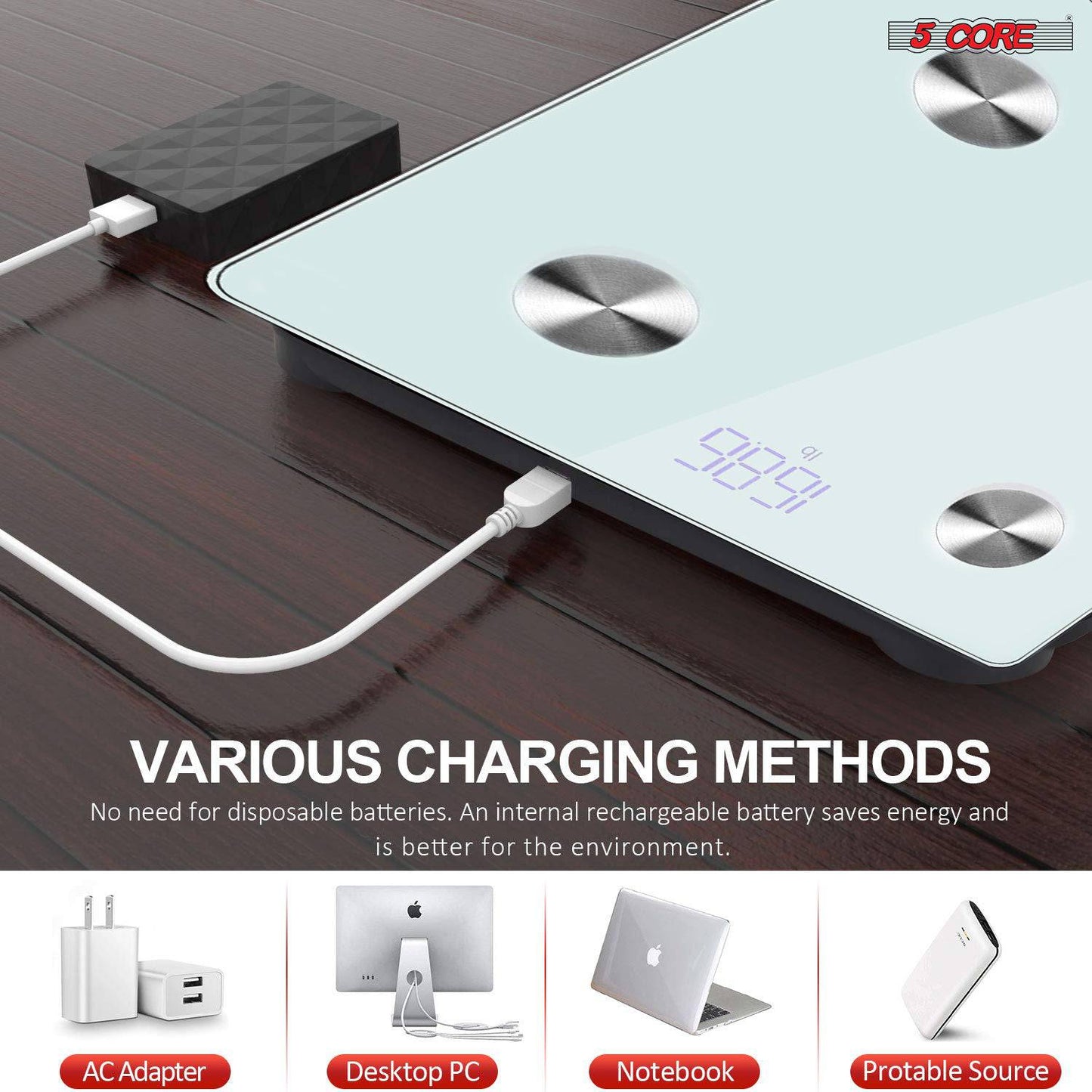 5Core Digital Bathroom Scale for Body Weight Fat Smart Bluetooth Rechargeable BBS DOT R WH