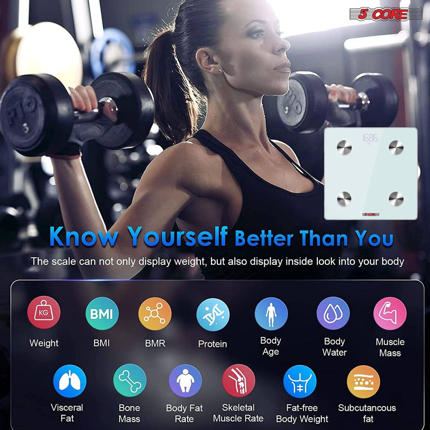 5Core Digital Bathroom Scale for Body Weight Fat Smart Bluetooth Rechargeable BBS DOT R WH