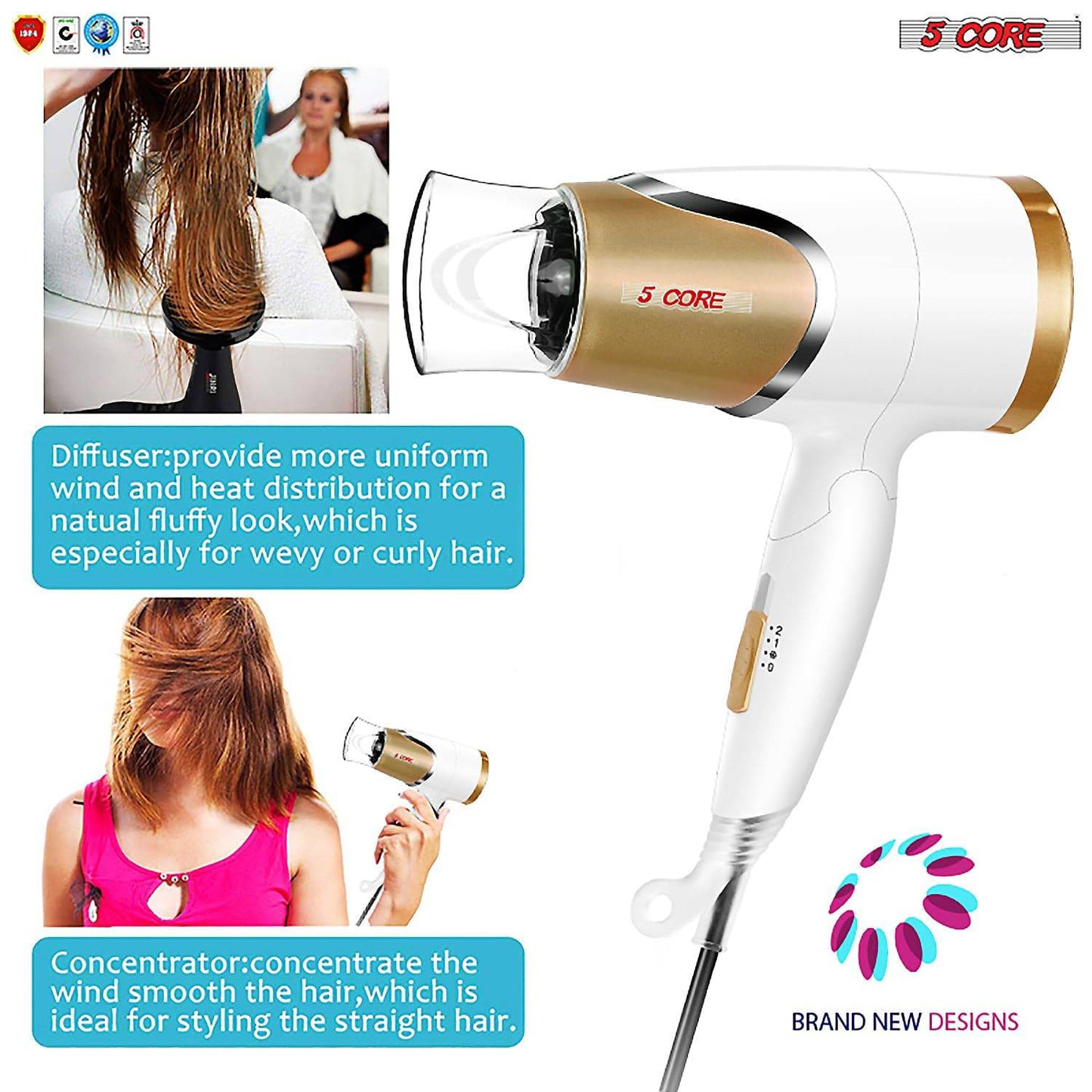 5Core Hair Blow Dryer Lightweight Hair Dryer Ionic Ceramic Men Women Blower 1875W HD F