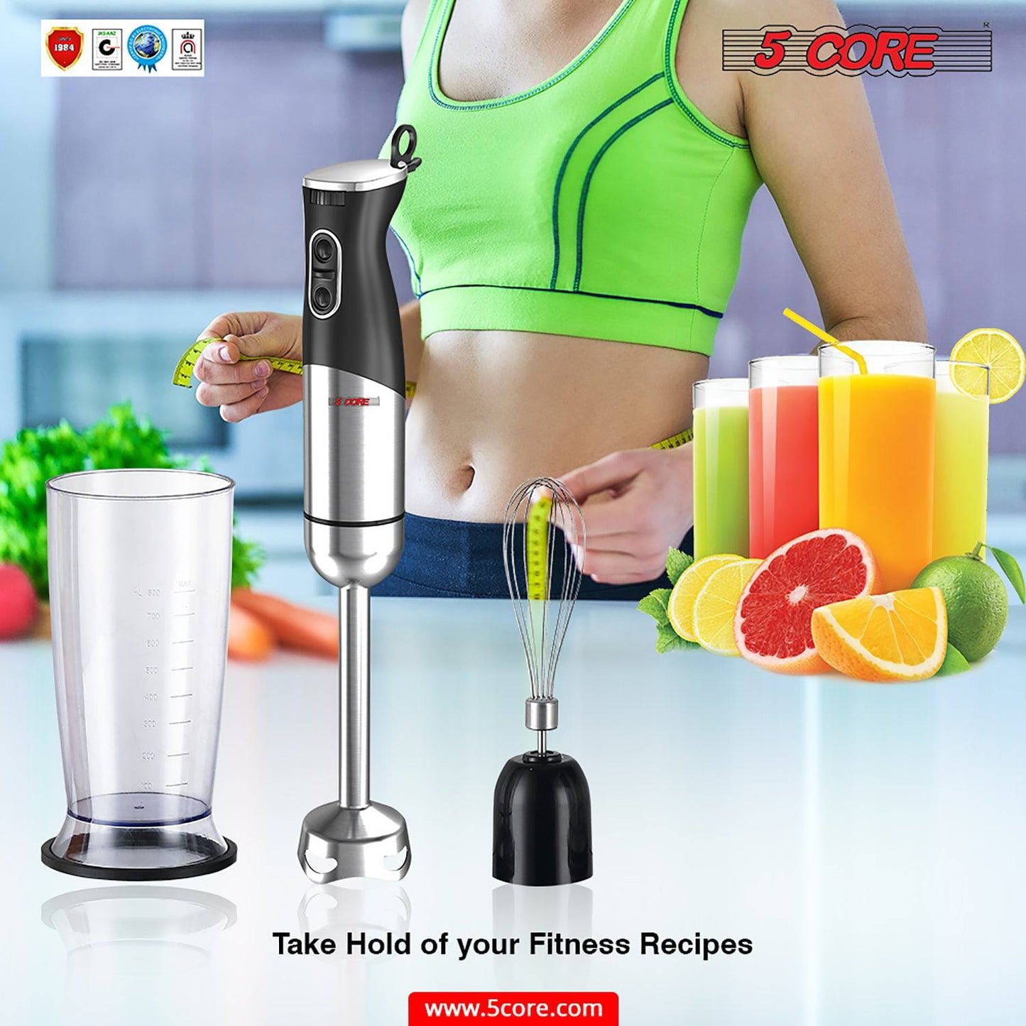 5Core 500W Immersion Hand Blender Multifunctional Electric 8 speed 2 accessories HB1516New