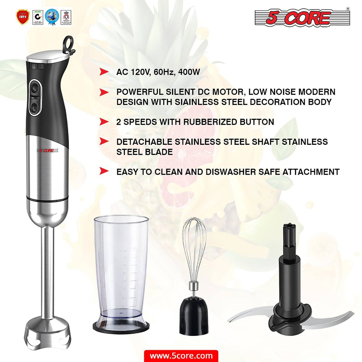 5Core 500W Immersion Hand Blender Multifunctional Electric 8 speed 2 accessories HB1516New