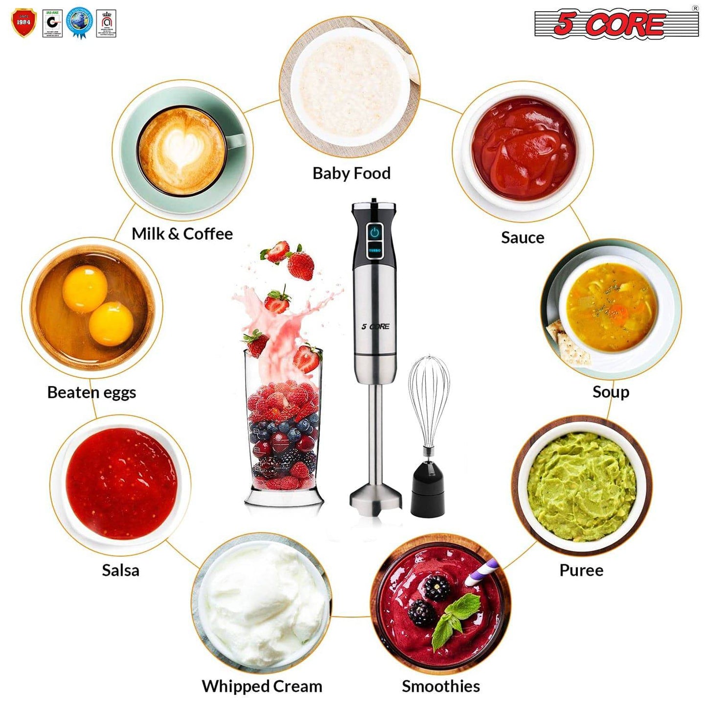 5Core Immersion Hand Blender 5-In-1 500W Handheld 8 Variable Powerful Stainless Steel BPA Free Stick Blender with Electric Whisker, 2-Blades 860ml Food Processor, Chopper 600ml Mixing Beaker HB1520