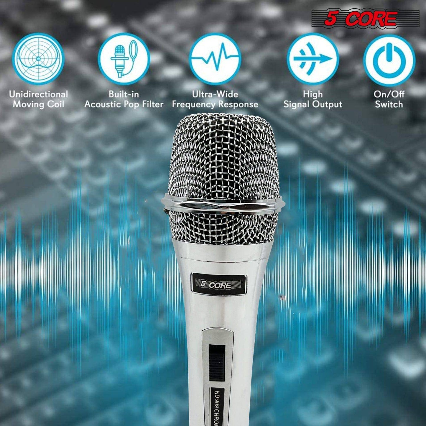 5 Core Microphone Pro Microfono Dynamic Mic XLR Audio Cardiod Vocal Karaoke ND 909 CHROME