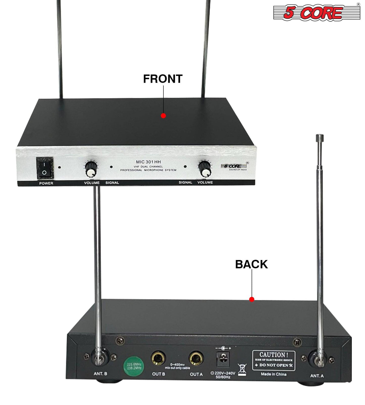 5Core VHF Dual Channel DIGITAL Wireless Microphone System Receiver 2x Hand Mic WM 301 HH BLK