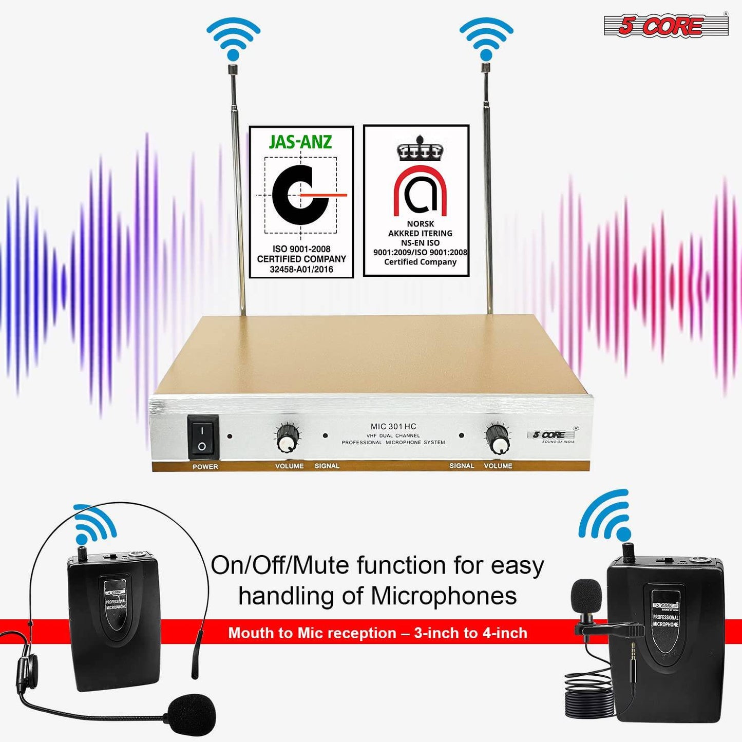 5Core VHF Dual Channel DIGITAL PRO Wireless Microphone System with Receiver WM 301 HC GLD