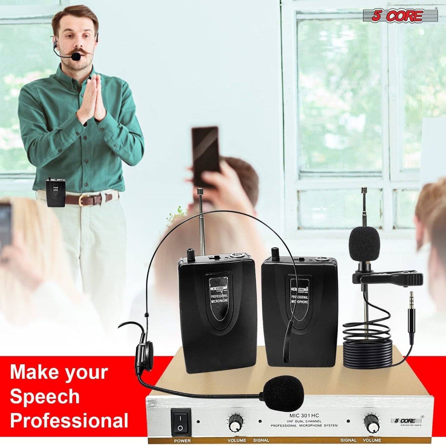 5Core VHF Dual Channel DIGITAL PRO Wireless Microphone System with Receiver WM 301 HC GLD