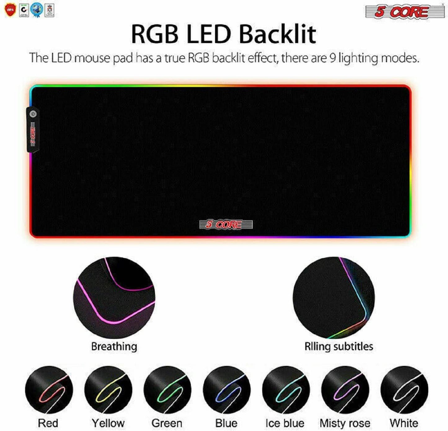 5Core LARGE RGB LED Extra Large Soft Gaming Mouse Pad Oversized Glowing 31.5x11.8"  KBP 800 RGB